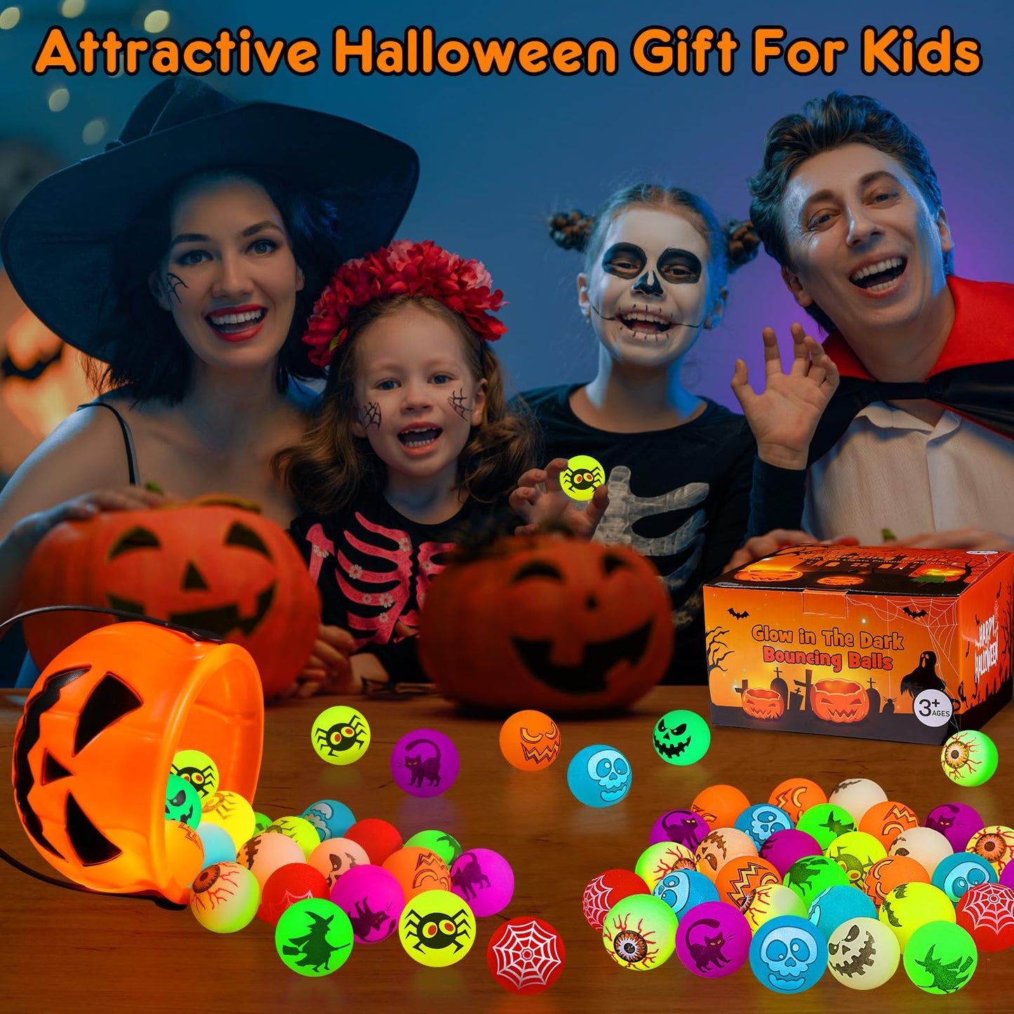 Yunaking Halloween Party Favors Kids Toys 64Pcs Halloween Toys Glow In The Dark Party Decoration Supplies Bouncy Balls Toy for Kids halloween Bag Fillers with Pumpkin Buckets Trick or Treat