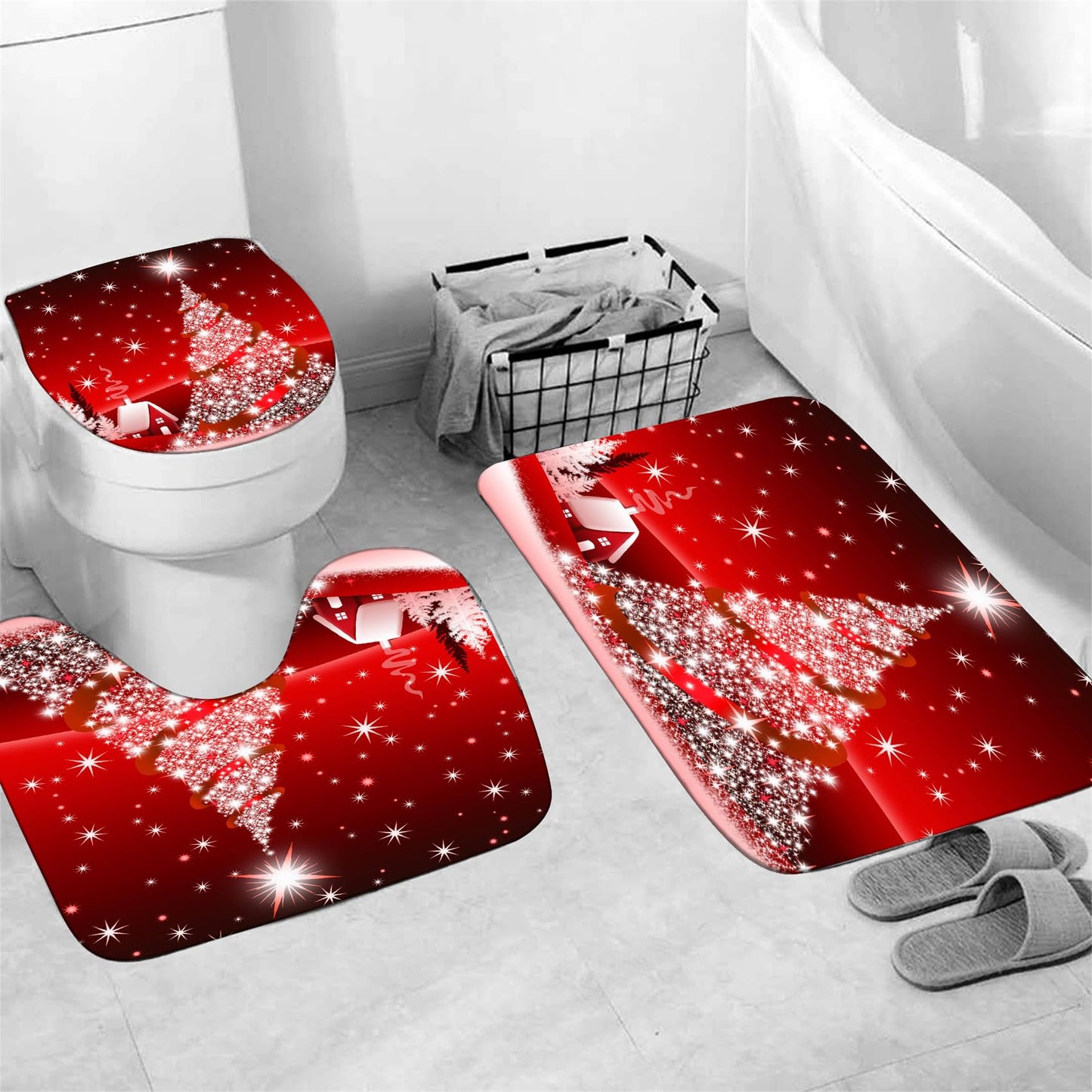 Yddsky 4PCS Red Christmas Tree Shower Curtain Sets, Christmas Village Printed Shower Curtain Sets with Rugs, Toilet Lid Cover and Bath Mat for Bathroom Set Decor Christmas Bathroom Decor Theme