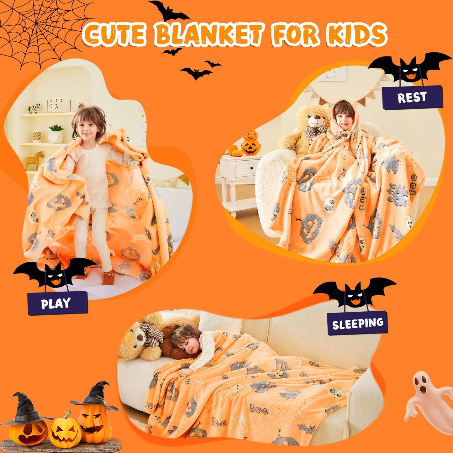 inhand Halloween Blanket Gifts Glow in The Dark Blanket and Toys for Kids Spider Webs Pumpkin Ghost Spooky Plush Soft Halloween Decorations Throw Blanket for Kids to Party Sofa Bed Living Room 50"X60"