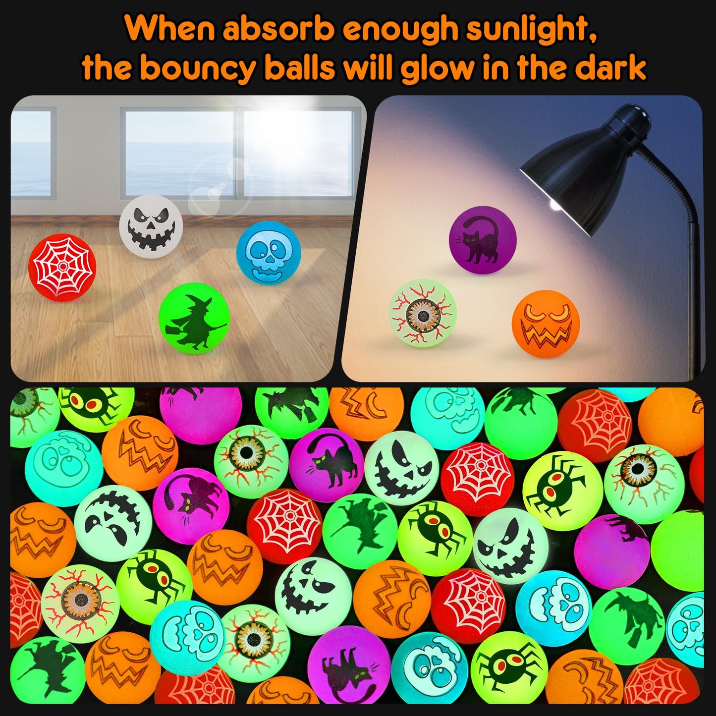 Yunaking Halloween Party Favors Kids Toys 64Pcs Halloween Toys Glow In The Dark Party Decoration Supplies Bouncy Balls Toy for Kids halloween Bag Fillers with Pumpkin Buckets Trick or Treat