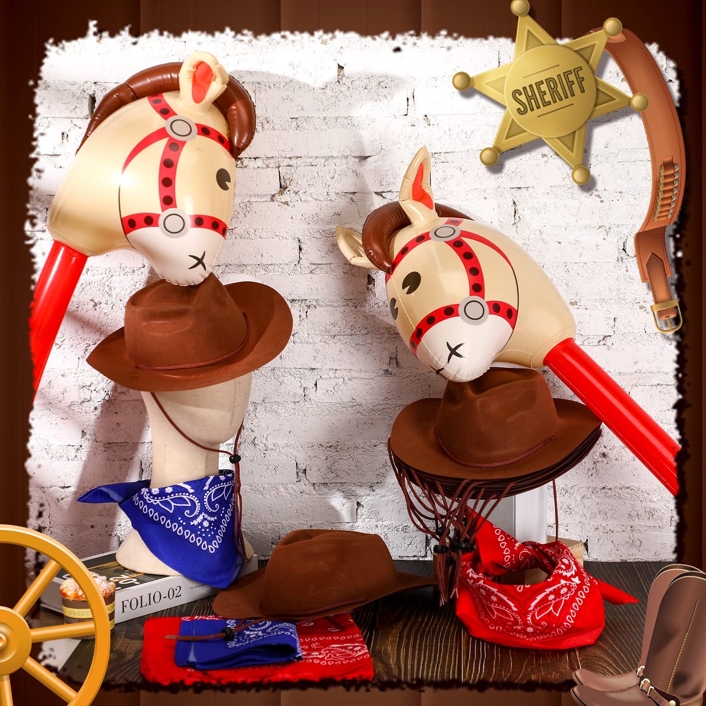 Xtinmee 36 Pcs Cowboy Party Costume Set, Cowboy Hats Paisley Bandanas Inflatable Stick Horses Kids Halloween Party Supplies(Classic Style,Brown)