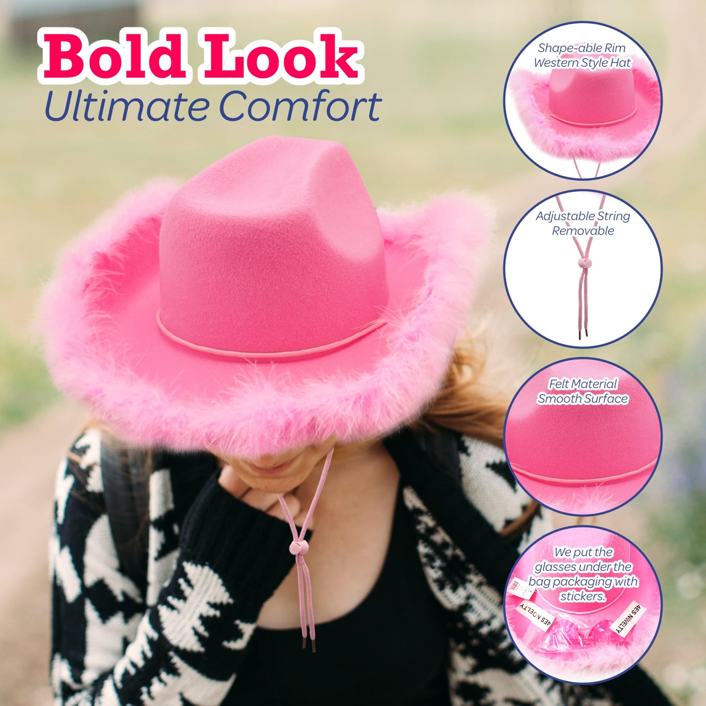 4E's Novelty Pink Cowboy Hat with feathers With Heart Shaped Sunglasses for Women, Felt Pink Cowgirl Hat for Party Costume Dress Up