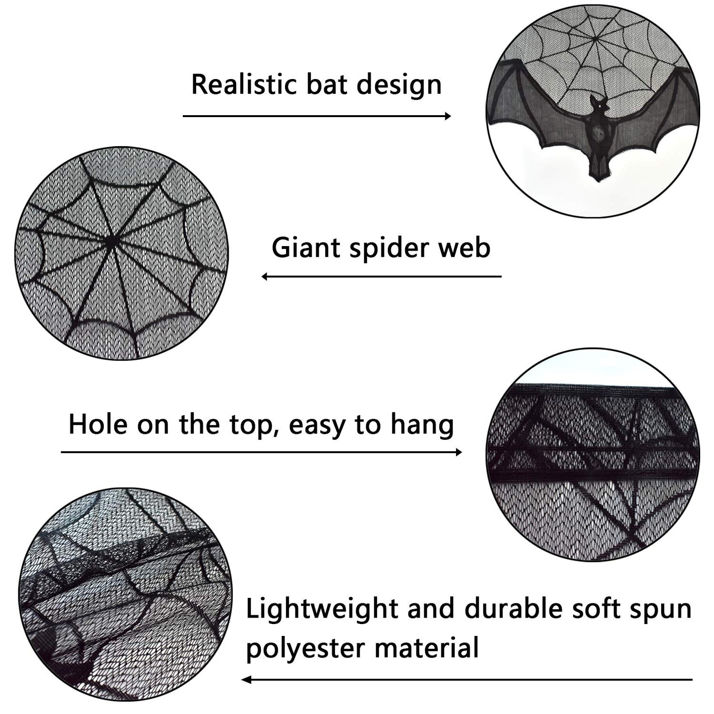 ZeeDix 2 Pcs Halloween Black Lace Bat Window Curtains- Spiderweb Tablecloth Bat Shower Curtain Window Valance Spider Cobweb Fireplace Mantles Scarf for Halloween Party Decor, Party Supplies