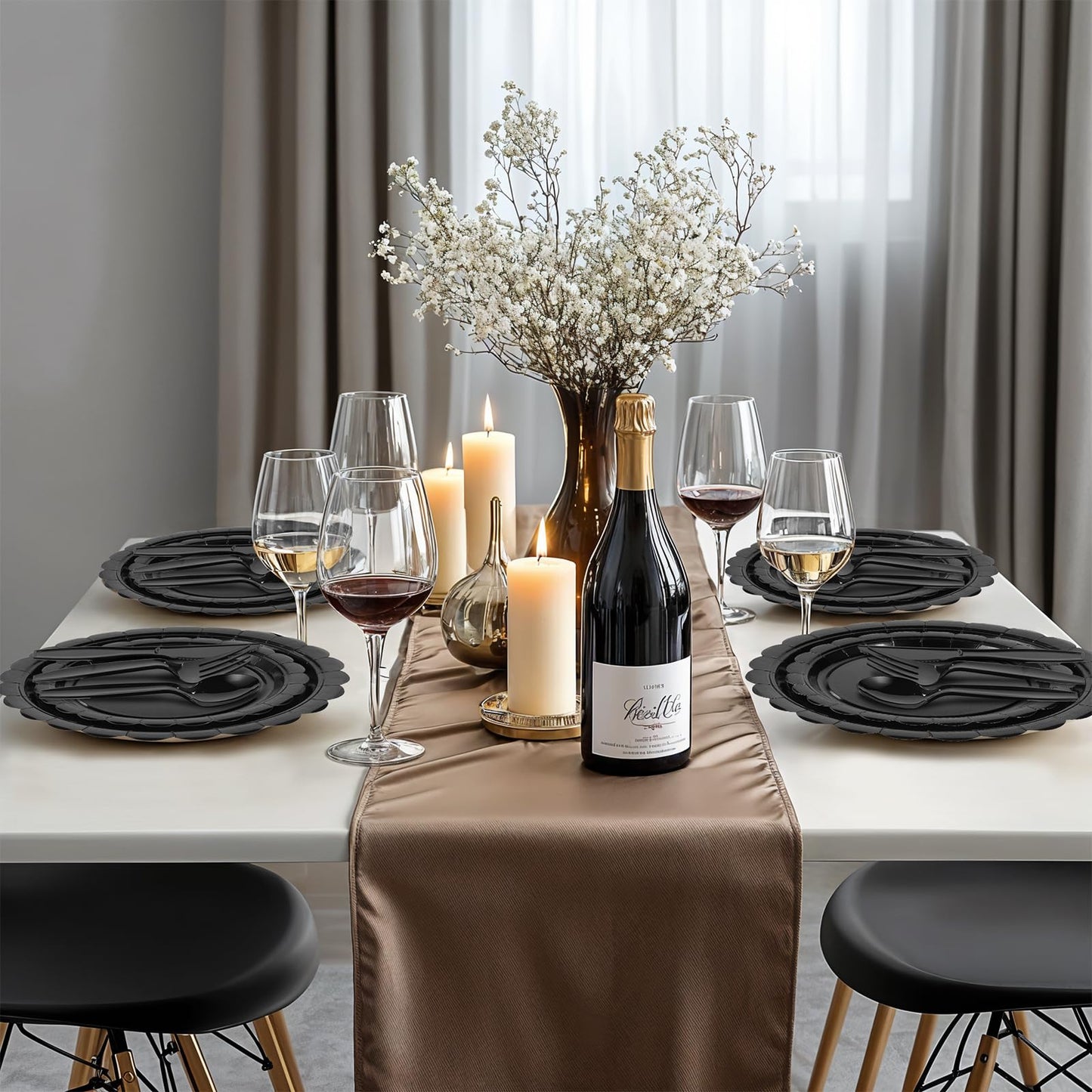 Xiangqu 175 Pcs Black Plates and Napkins 25 Guest Halloween Plates Set Black Party Supplies Includes Scalloped Party Plate Napkins Cups Plastic Cutlery for Birthday, Halloween, New Year