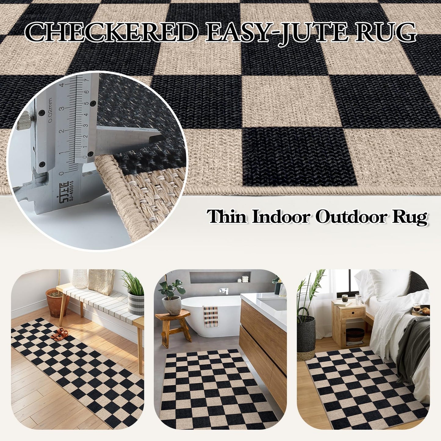 Lahome Checkered Easy Jute Carpet, 3x5 Outdoor Patio Rug Washable Rugs for Entryway Checkerboard Indoor Outdoor Living Room Classroom Carpet, Farmhouse Neutral Non Slip Black Door Mat for Bedroom