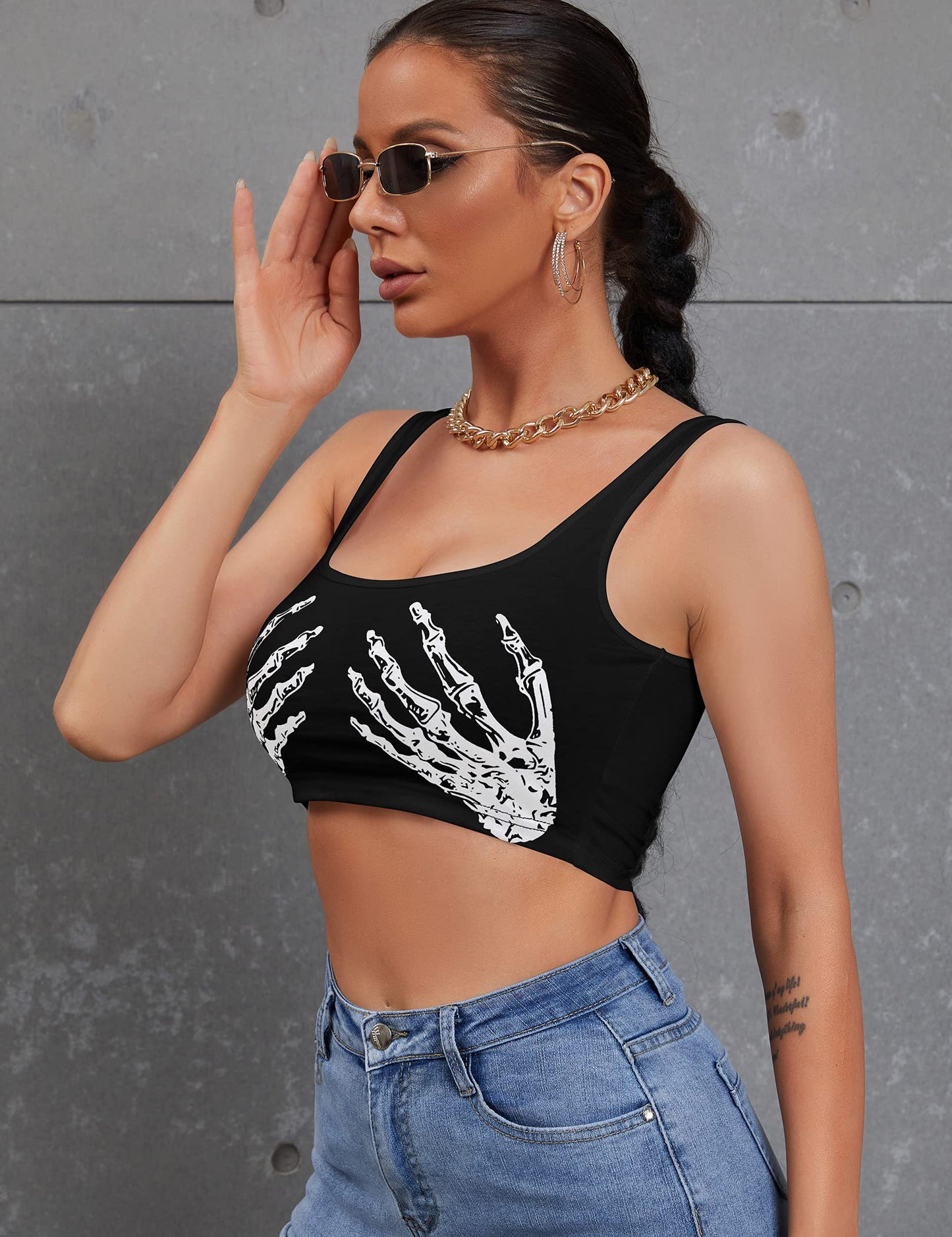 Women's Sexy Skeleton Skull Hand Print Sleeveless Funny Halloween Crop Tank Top Shirts,Medium,Black Hand