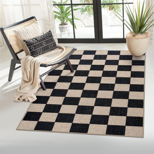 Lahome Checkered Easy Jute Carpet, 3x5 Outdoor Patio Rug Washable Rugs for Entryway Checkerboard Indoor Outdoor Living Room Classroom Carpet, Farmhouse Neutral Non Slip Black Door Mat for Bedroom