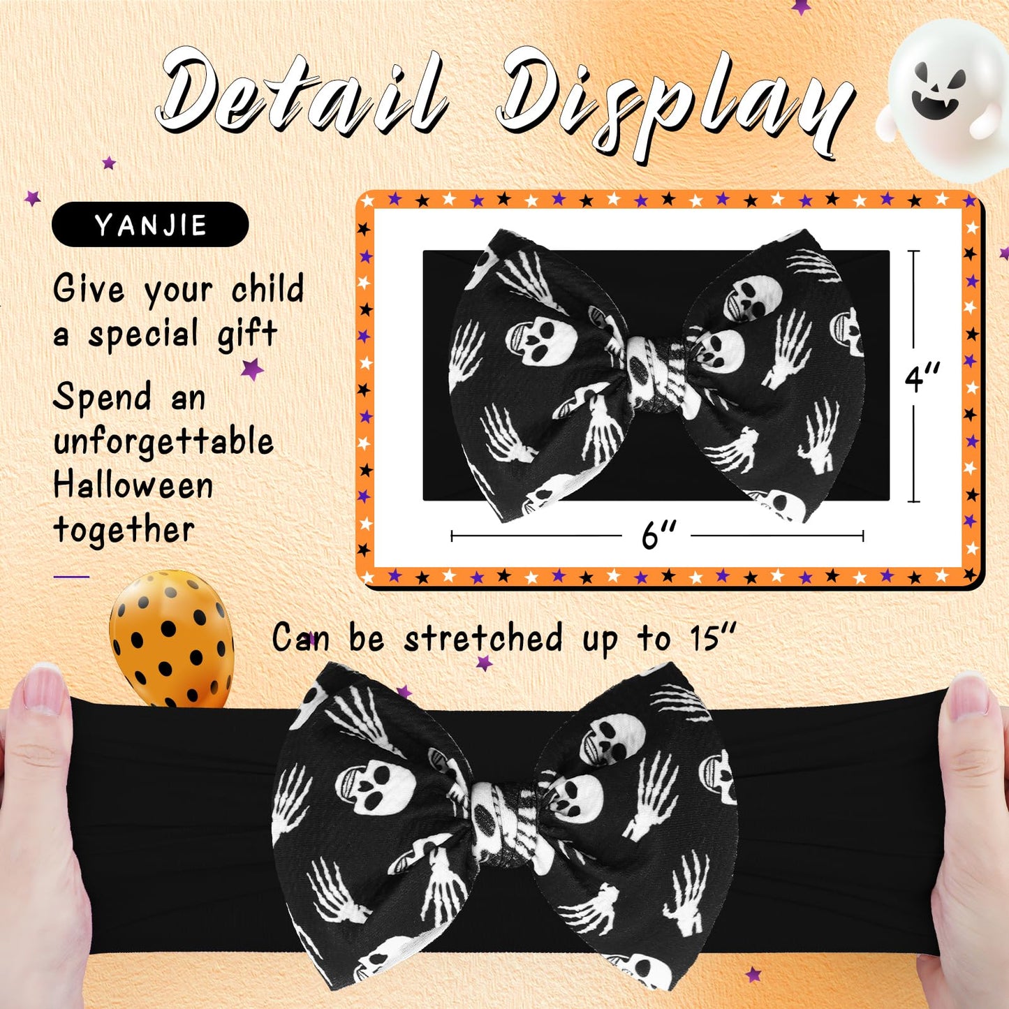 YanJie 6'' 2PCS Halloween Hair Bows Baby Girls Headbands Pumpkin Accessories Black Ghost Baby Bows Newborn Bows Nylon Hair Bows Toddler Headband