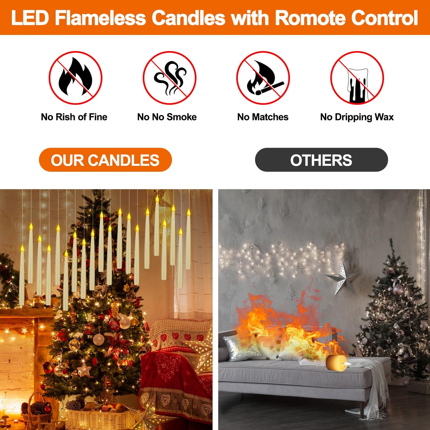 20 Pack Halloween Decorations Floating Candles with Wand,Magic Flameless Candles Flickering Warm Light LED Taper Candles Hanging for Harry Potter Christmas Witch Wizard Wedding Birthday Party Décor