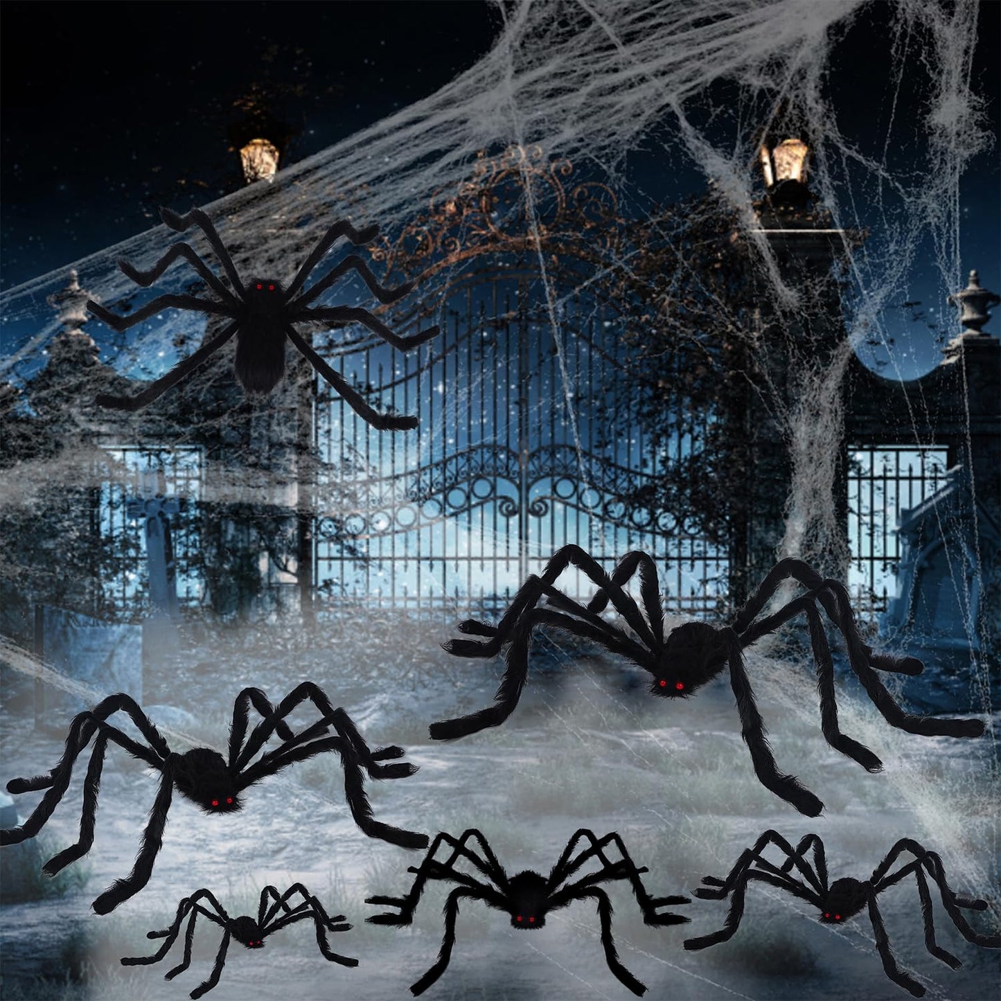 yosager Outdoor Halloween Decorations 6Pcs Realistic Giant Spiders, Huge Hairy Scary Halloween Spider Prop, Black Spooky Spider for House Window Yard Garden Patio Decor (12" 24" 24" 36" 36" 60")