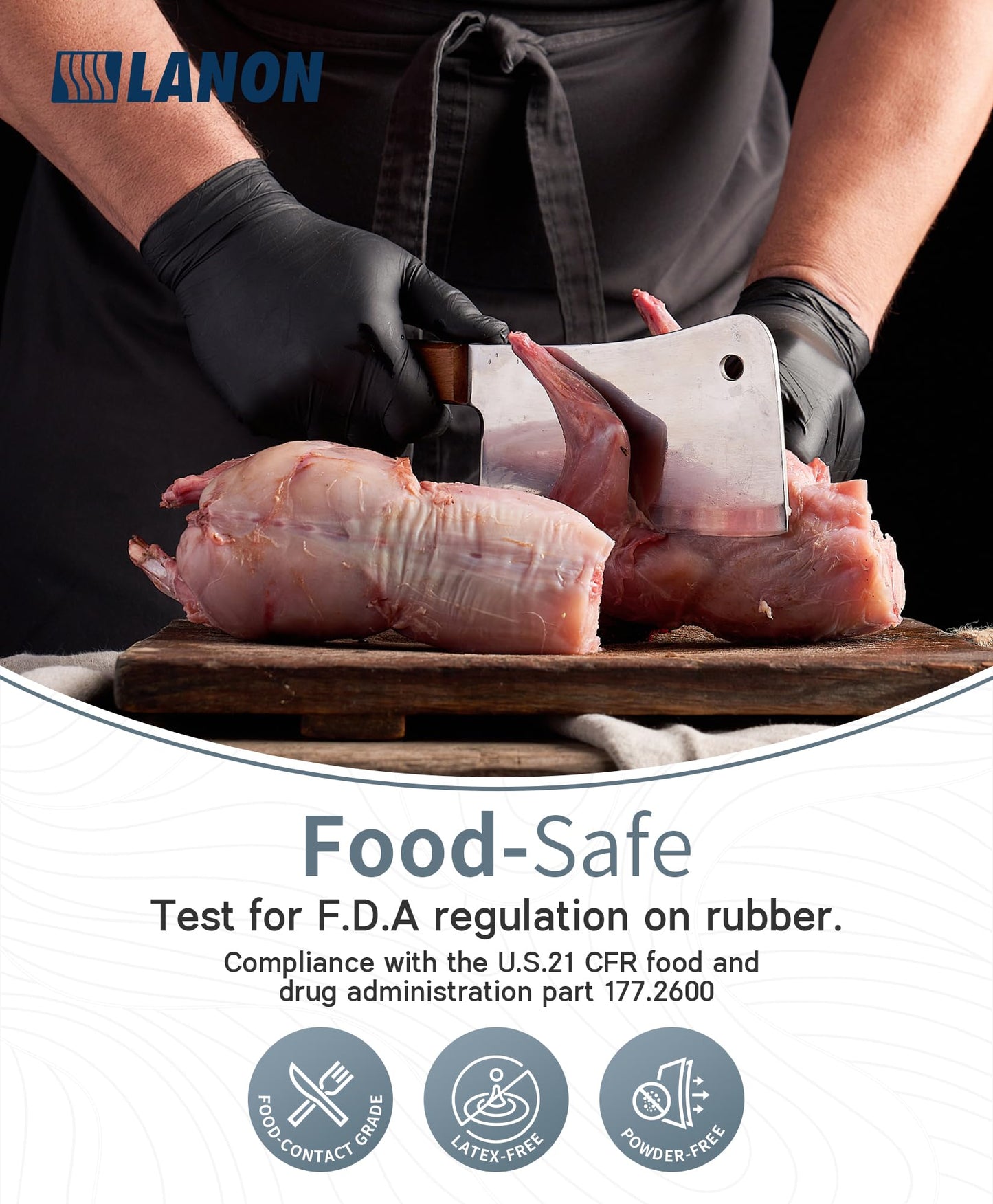 LANON Food Safe Disposable Nitrile Gloves, Latex-Free, Powder-Free, Silicone-Free, Textured Fingertips, Cooking, Black,Medium