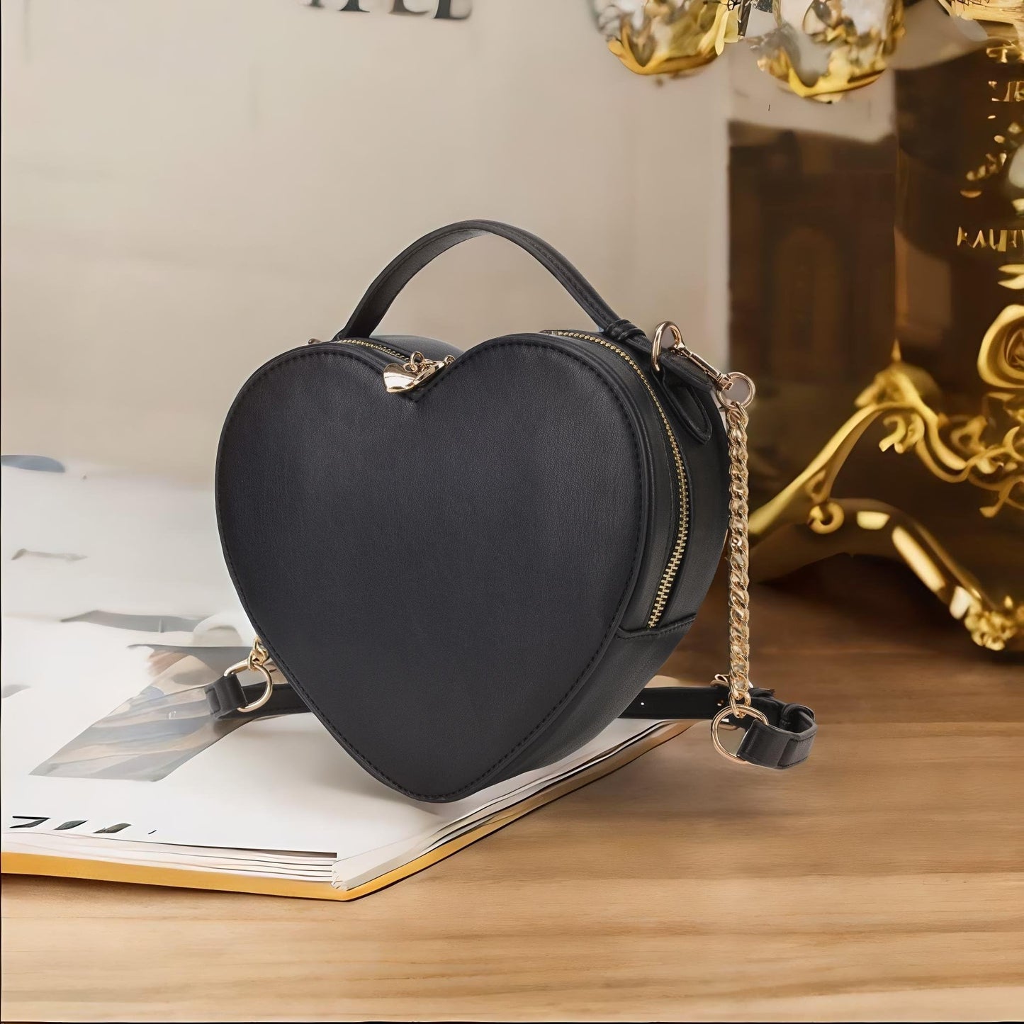 lola mae Heart Shape Satchel Crossbody Purse for women Zip Around Shoulder Bag (Black-759)