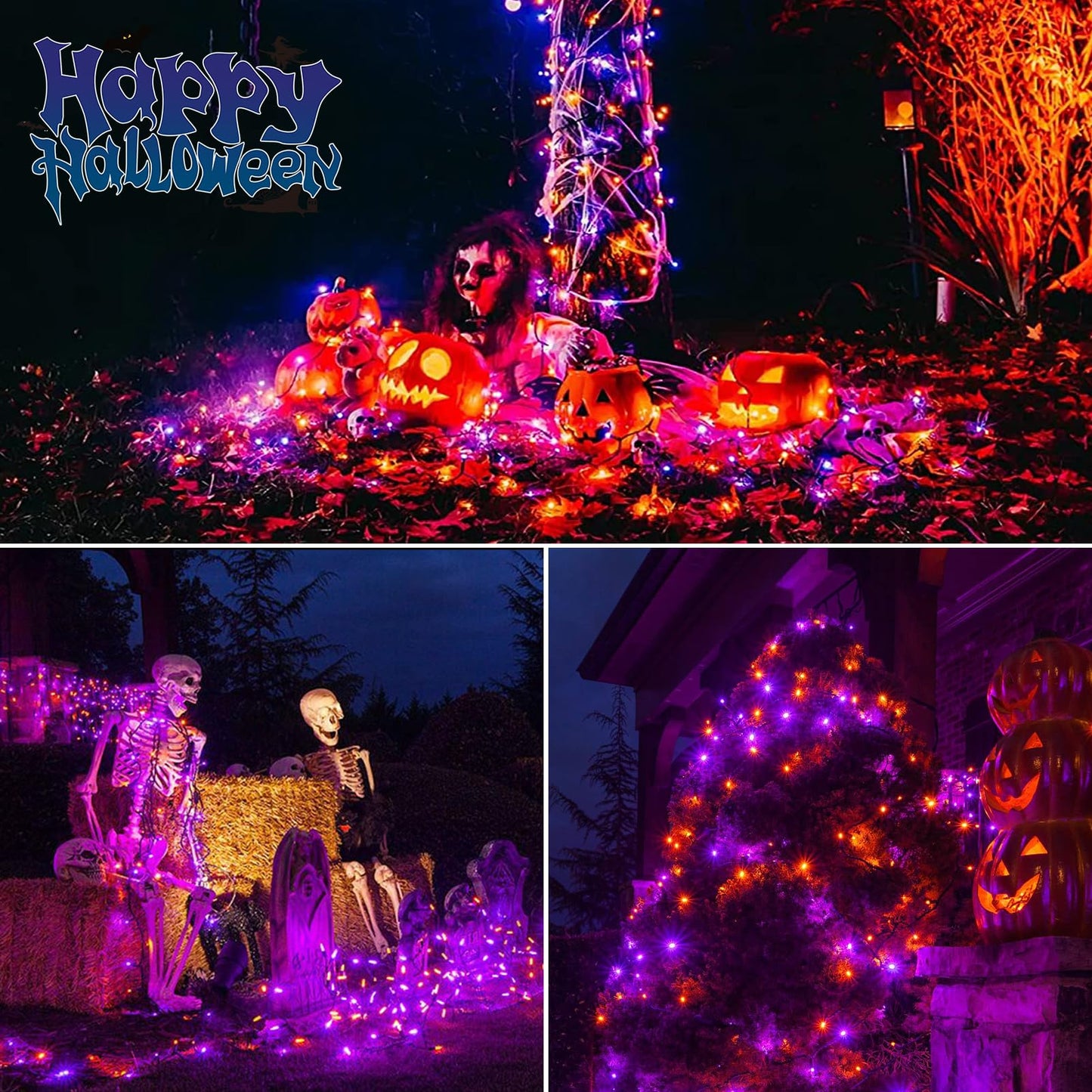 2 Pack Halloween Fairy Lights Battery Operated 200 LED 66Ft Silver Wire Starry String Lights Auto Timer 8 Modes Waterproof Mini String Lights for Outdoor Garden Yard, Fence Decor (Purple & Orange)