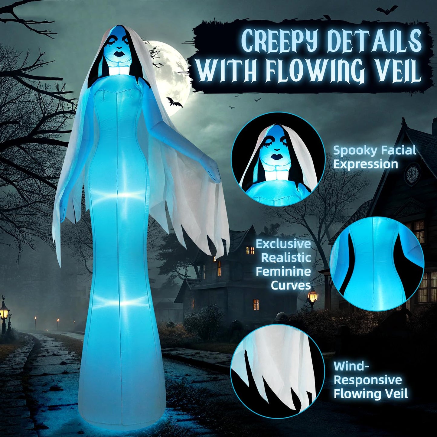 zukakii 12FT Giant Halloween Inflatables Ghost Bride, Halloween Decorations Outdoor Blow Up Yard Decorations Built-in Whole-Body Blue Glowing LED Lights Huge Halloween Blowups for Outdoor Holiday