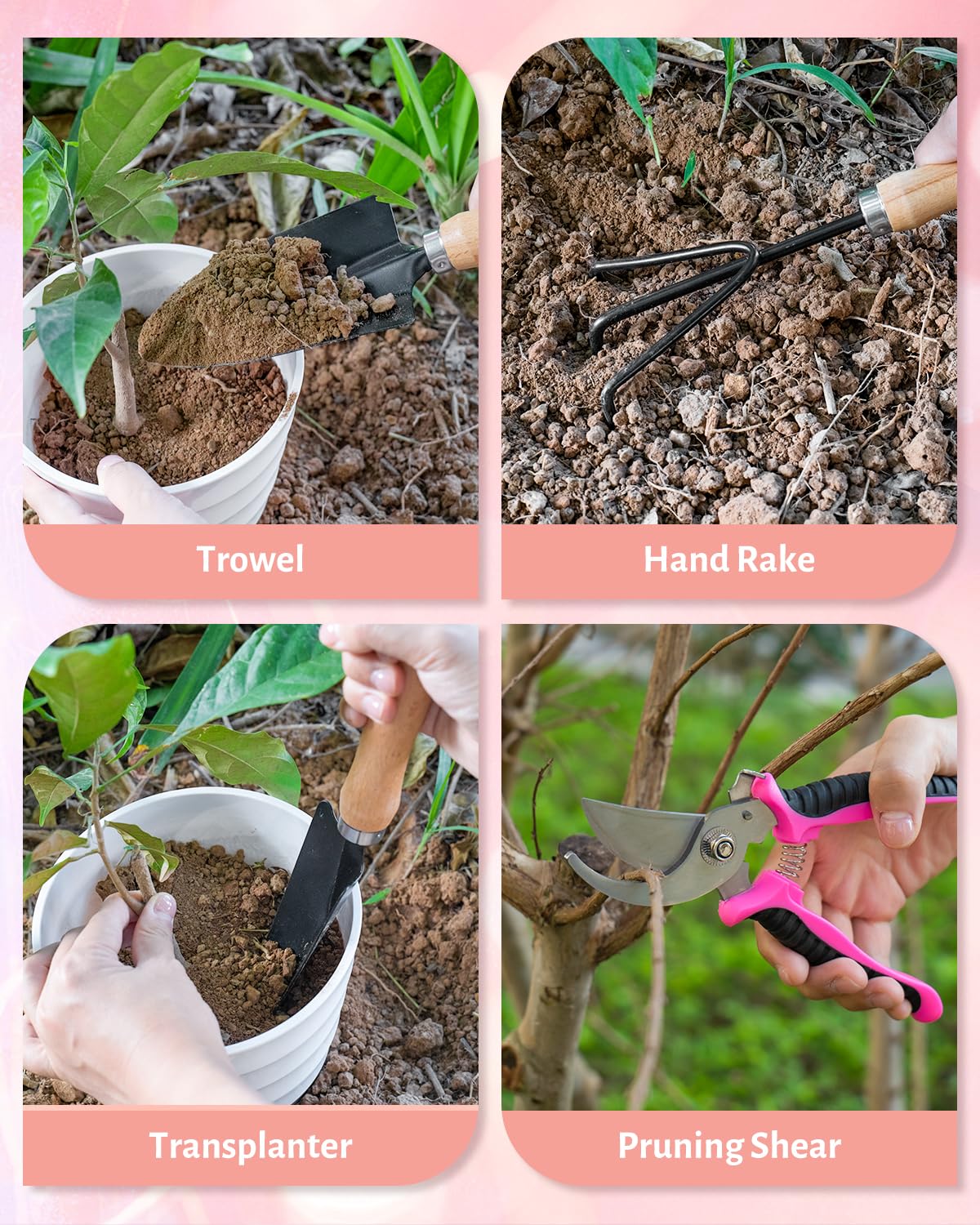 LANNIU Pink Gardening Tools, Garden Tool Set for Women,5 Piece Womens Gardening Kit with Floral Garden Bag,Gifts for Wife (5-Piece Pink)