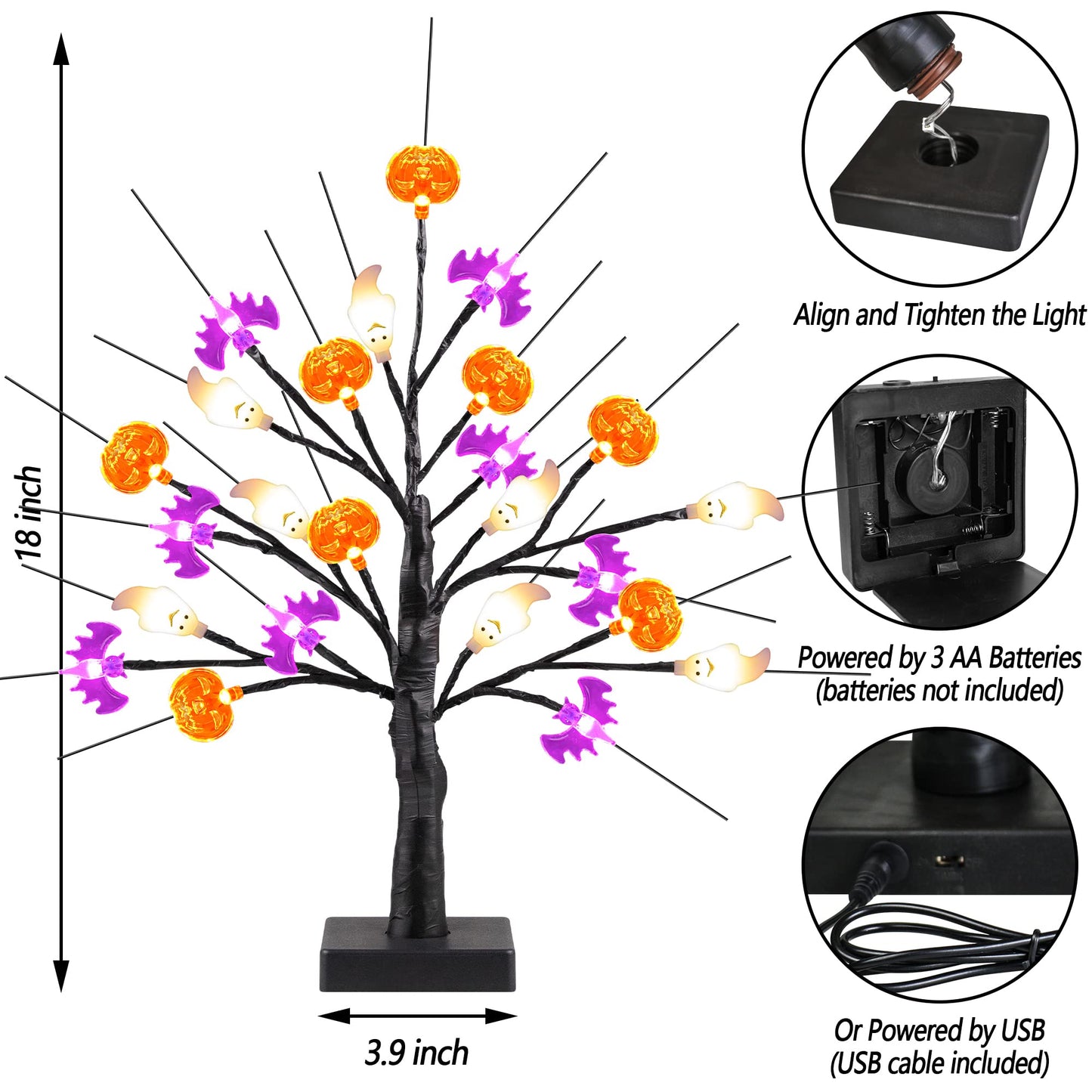 18 Inch Black Halloween Tree Light with 24 LED Pumpkin Bat Ghost Lights, Timer/USB/Battery Operated Halloween Lights Halloween Decorations Indoor Outdoor for Home Table Mantle Halloween Party Decor