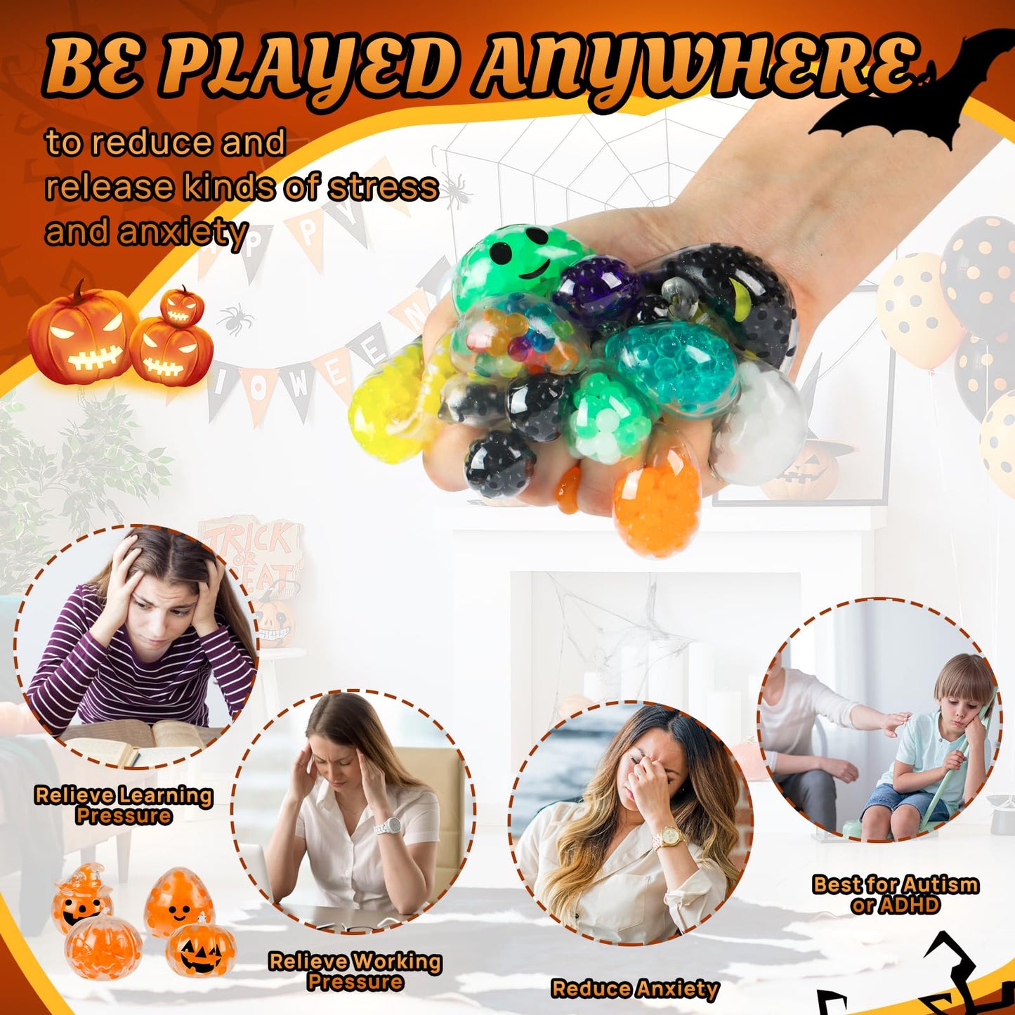 24PCS Halloween Stress Balls,Halloween Squishies for Adults,Bulk Squishy Toys Stress Relief Fidget,Halloween Party Favors Gift Goody Bag Stuffers