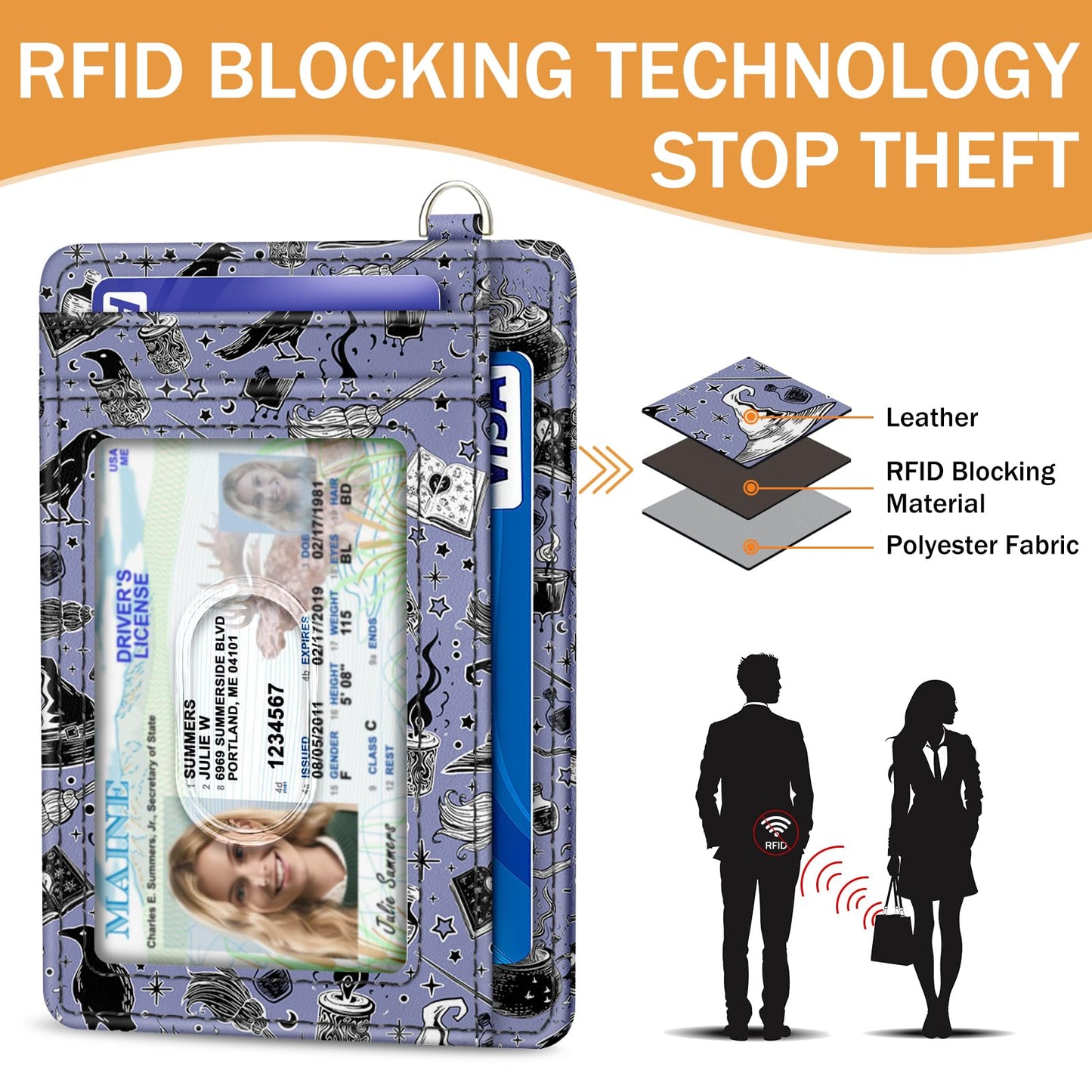 Yonlevres Credit Card Holder Slim Wallet, Magic Goth RFID Wallet Women Front Pocket Small Card Holder Travel Cute Funny Thin Card Case ID Window PU Leather RFID Blocking Card Organizer Gifts Girls