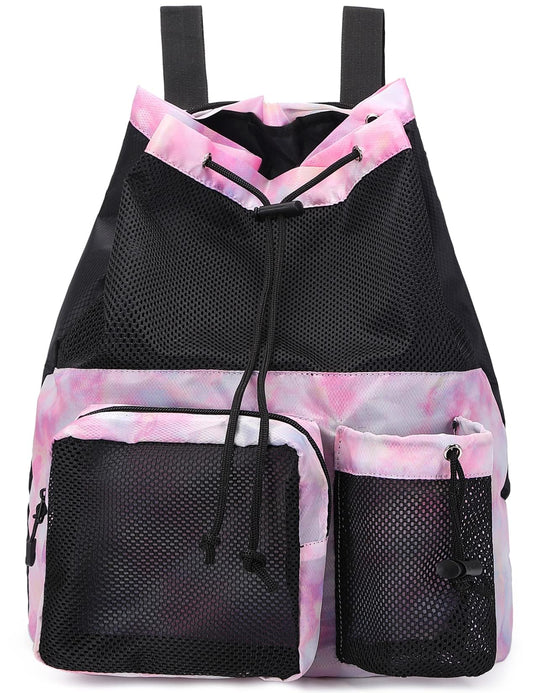 Lohol Mesh Drawstring Backpack with Shoes Bag, Swimming String Sack for Sports Gym Yoga Beach Travel (Pink Galaxy)