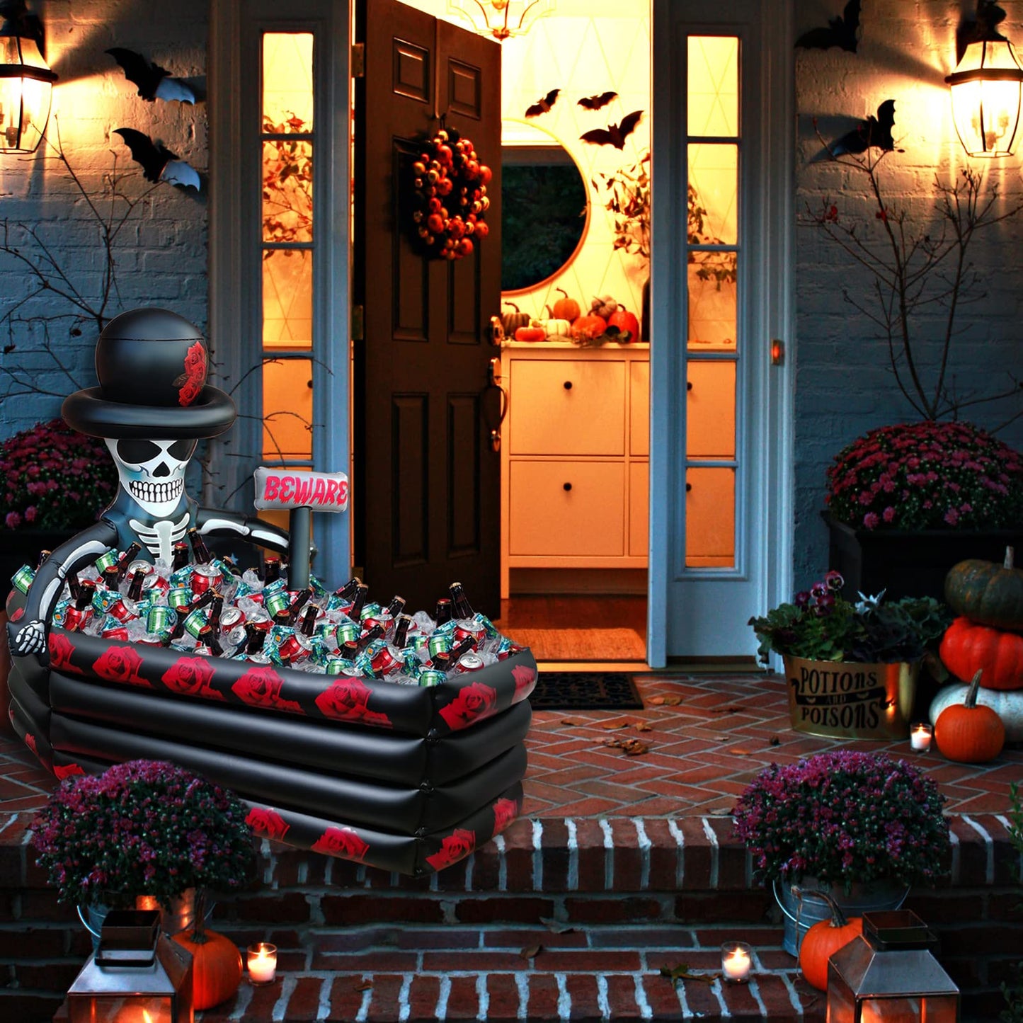 43 Inch Halloween Birthday Party Decorations Inflatable Cooler, 120+ Cans Halloween Supplies Large Capacity Scary Coffin Skeleton for Drink Beverage Holder, Party Favors for Adults Outdoor Indoor