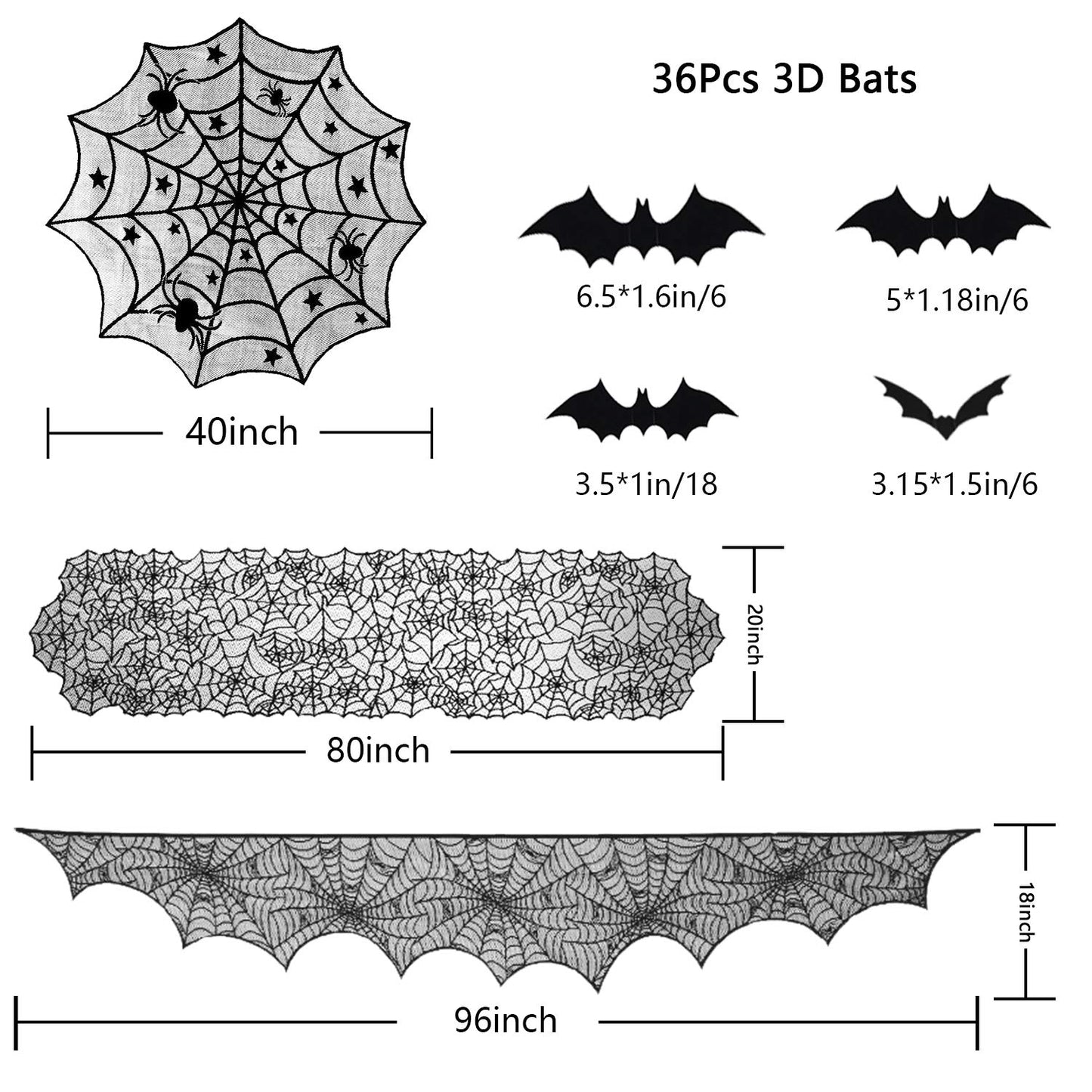 ZeeDix 39 Pcs Halloween Decorations Kit Black Lace Spiderweb Round Tablecloth Table Runner, Giant Spider Cobweb Fireplace Scarf with 36PCS Scary 3D Bats Wall Stickers for Halloween Party Decor