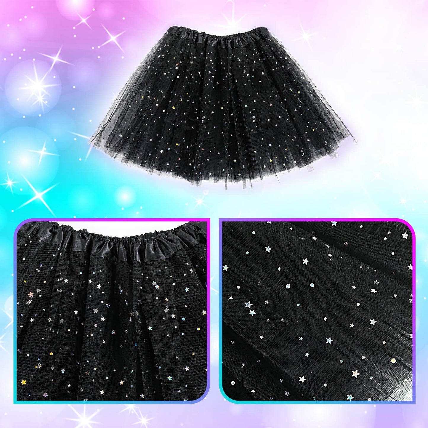 Yolev Tutu Skirts for Women Girls Adult Elastic 3 Layered Tulle Tutu Skirt with Sequin Stars Retro 80's Layered Bubble Skirt Running Skirt (Black)
