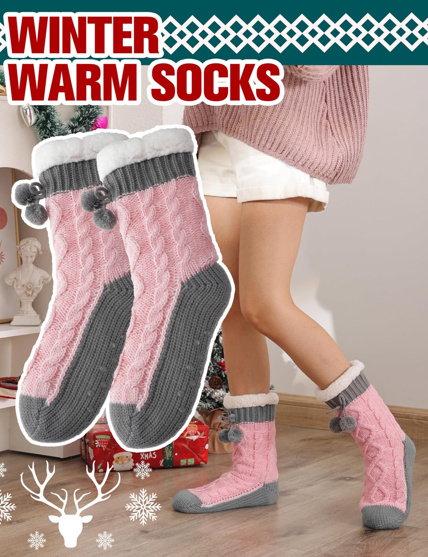 Womens Slipper Fuzzy Socks Fluffy Winter Thermal Warm Thick Cozy Plush Non Slip Grips Christmas Socks Stocking Stuffers for Women White Elephant Valentines Mothers Day Gifts for Mom(Grey Pink)