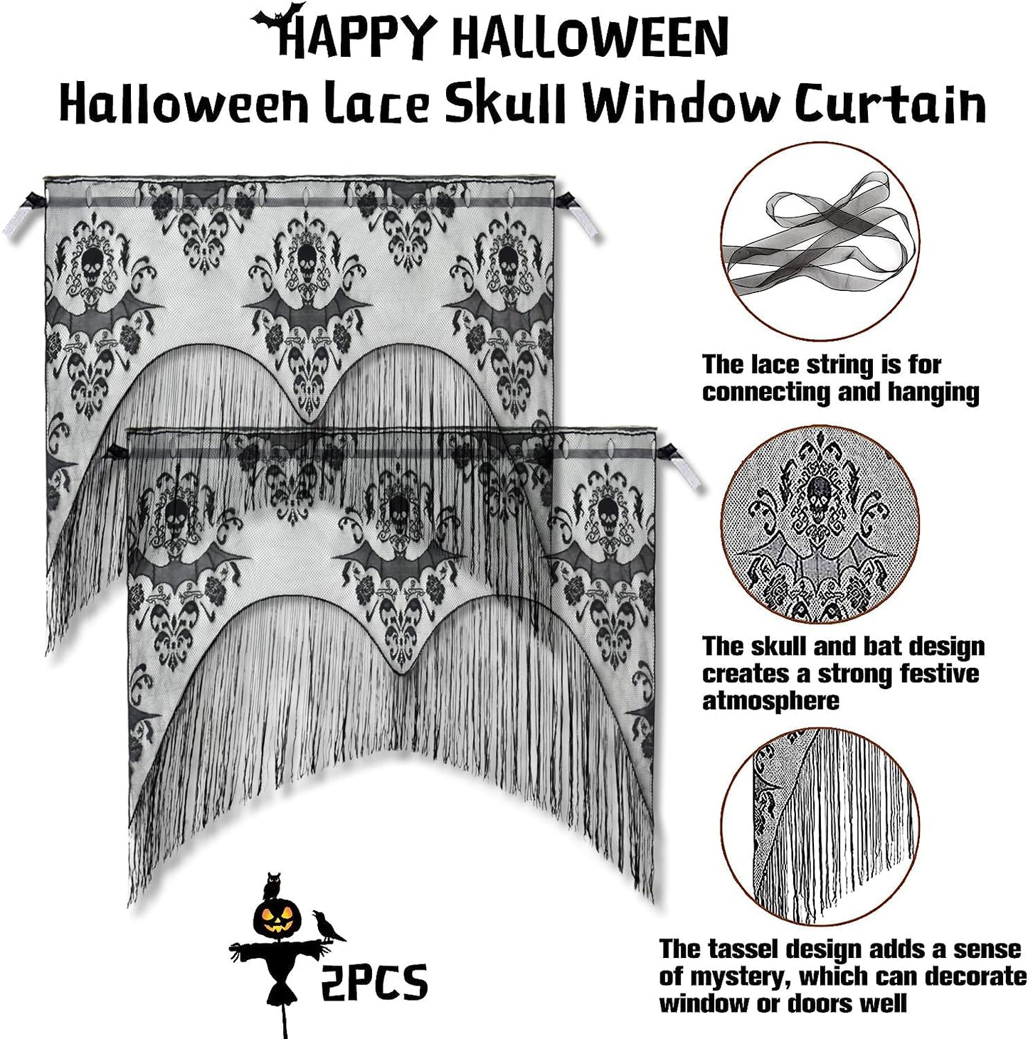 ZeeDix 2 Pcs Halloween Lace Skull Window Curtain- Black Tassel Door Curtain for Halloween Home Party Decorations, Party Supplies