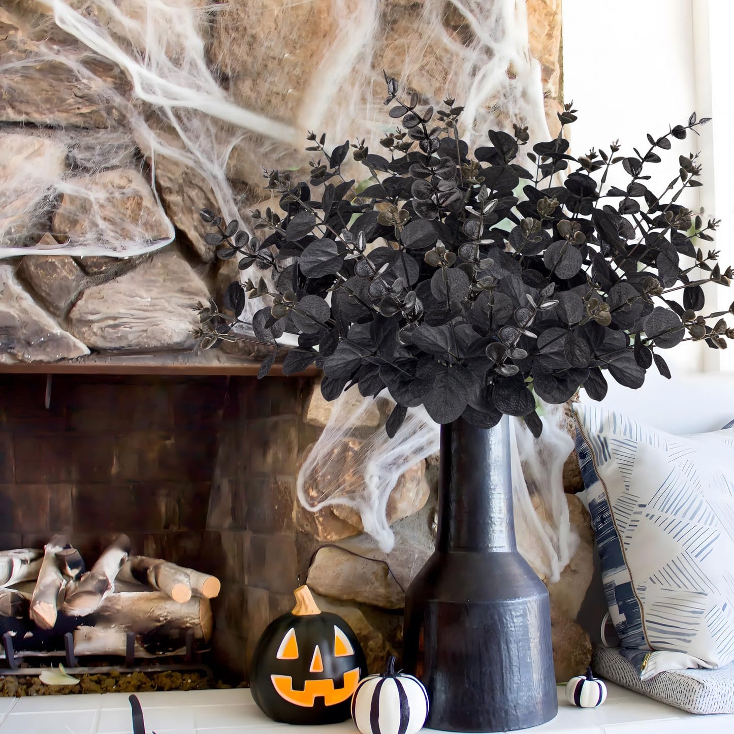 Yen Jean 20PCS Black Halloween Decor Artificial Flowers Bulk - Eucalyptus Stems Branches Decorations for Table Indoor Centerpieces Party Supplies