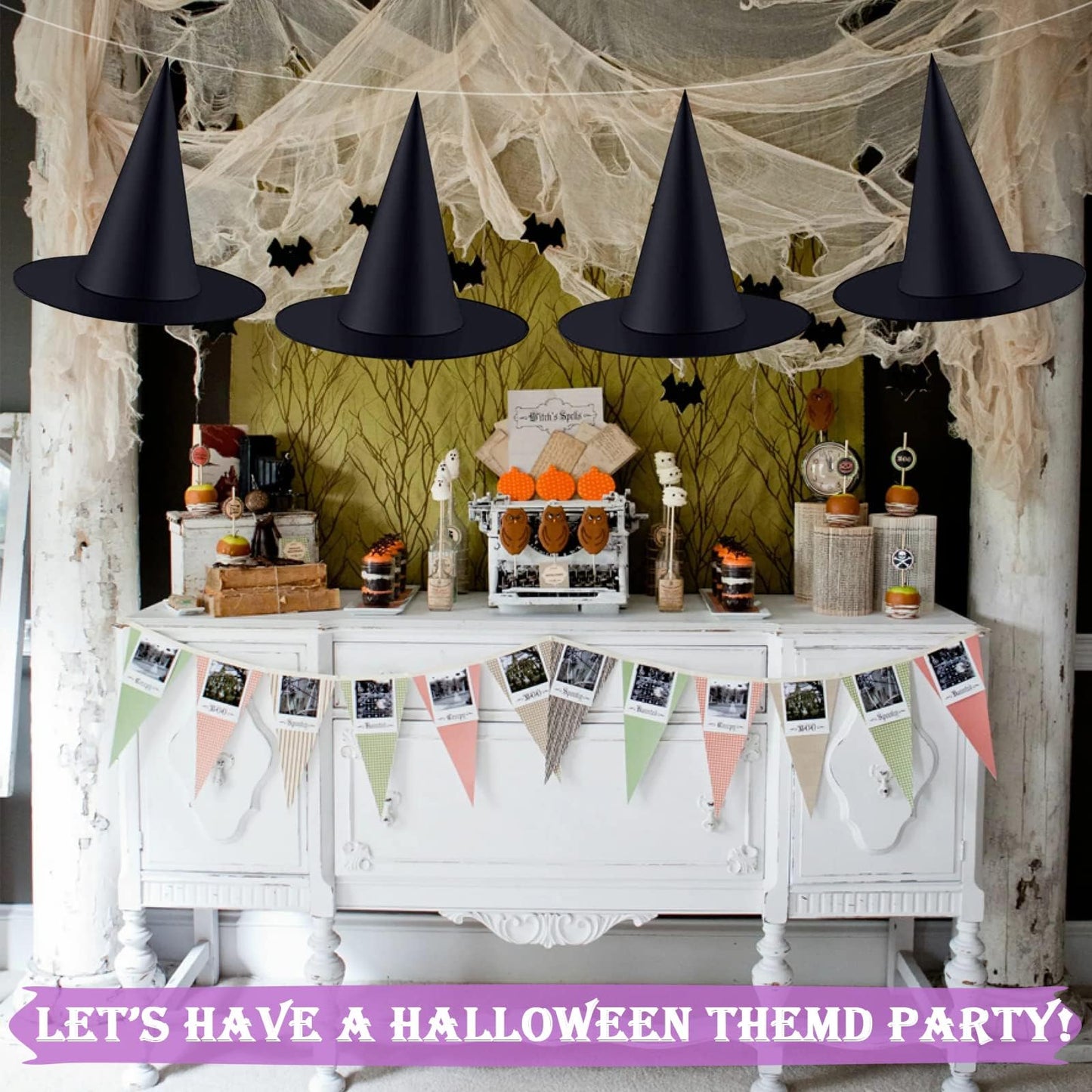 ZeeDix 12 Pcs Halloween Witch Hats, Black Hanging Witches Hat with 98 Ft Hanging Rope, Halloween Costume Accessories Party Decoration