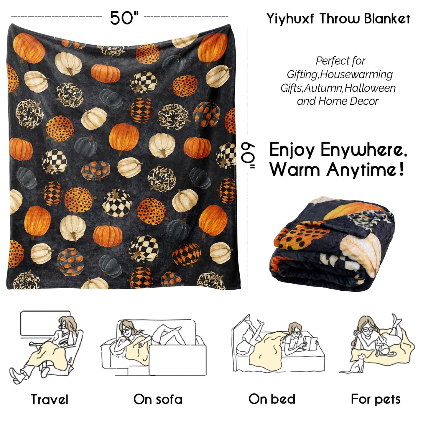 Yiyhuxf Halloween Pumpkin Blanket,Fall Fleece Blanket,Pumpkin Gifts for Women,Halloween Flannel Fleece Throw Blanket for Home Living Room Couch Bed Chair or Dorm Decor 60"x50"