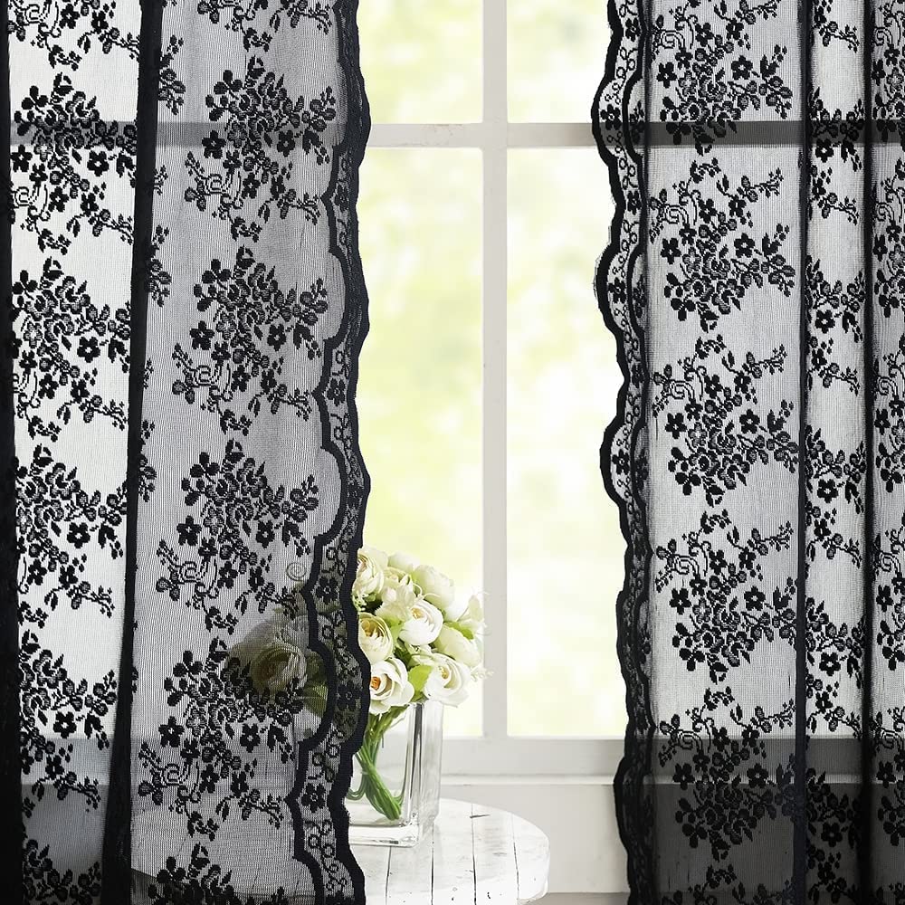 YJ YANJUN Black Sheer Curtains 54 inch Length- Goth Victorian Kitchen Lace Curtain Panel Halloween Short Curtains for Bathroom Window Coffin/Witchy/Gothic Home Decor 52 x 54 Inch Black