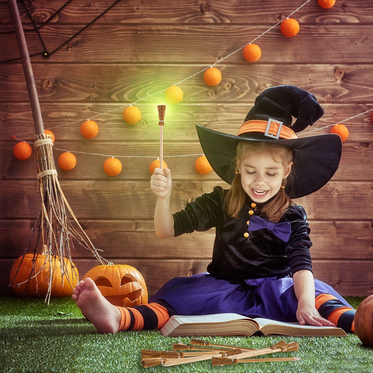 Zonon 12 Pcs Witch Broom Pencils Halloween Witch Party Favors Party Supplies for Kids Teens Adults Classroom Supplies