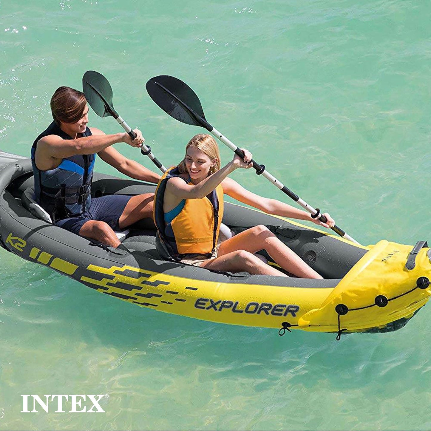 Intex 2-Person Inflatable Kayak Set w/ Pump, Aluminum Oars, Adjustable Seats, Explorer K2 - Tandem Blow-up Raft for Adults, Great for Lakes or Rivers