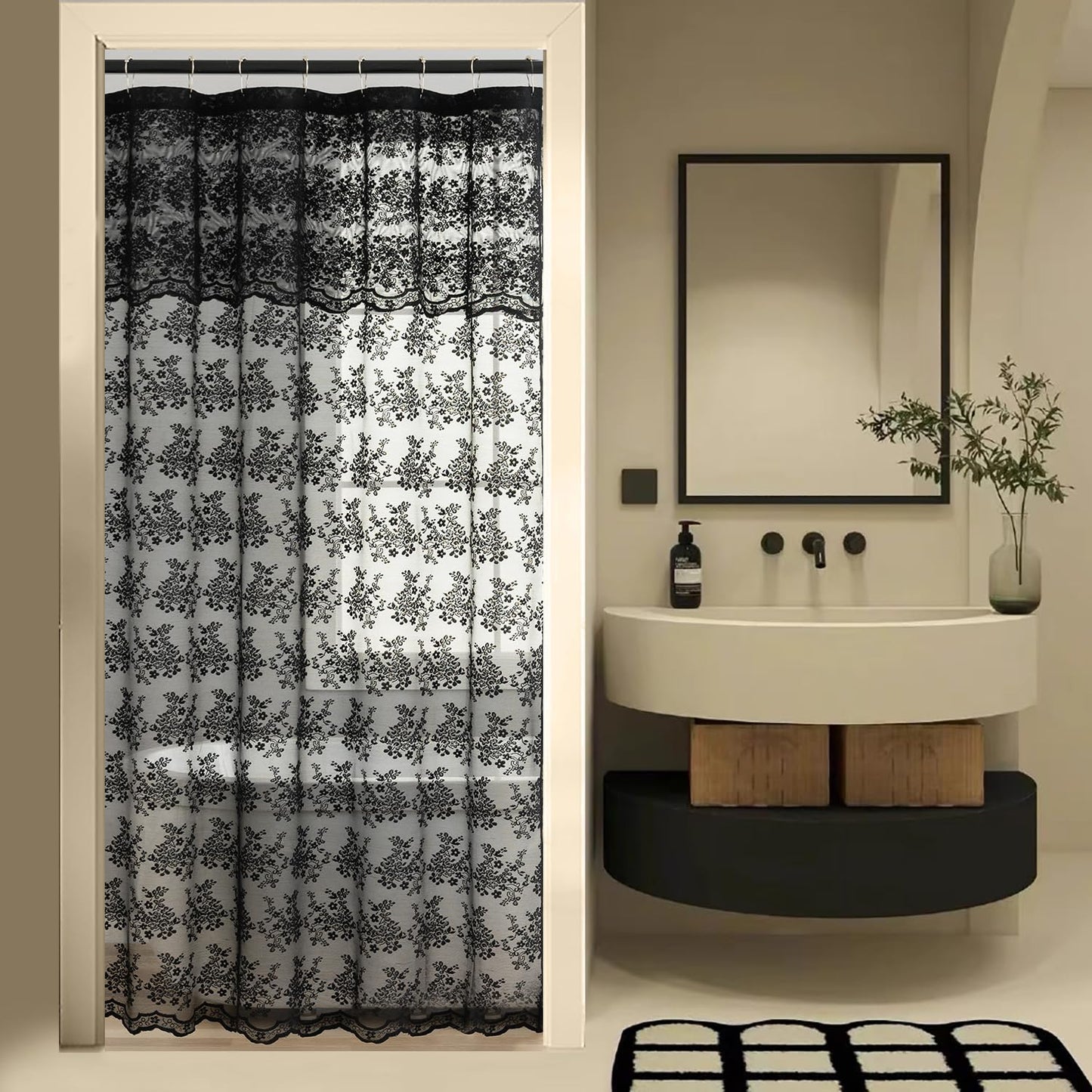 YJ YANJUN Goth Narrow Shower Curtain 36x72 with Attached Valance Victorian Black Floral Lace Small Shower Curtain Short Gothic Rv Camper Shower Curtain Halloween Spoopy Ghost Half Bathroom Décor