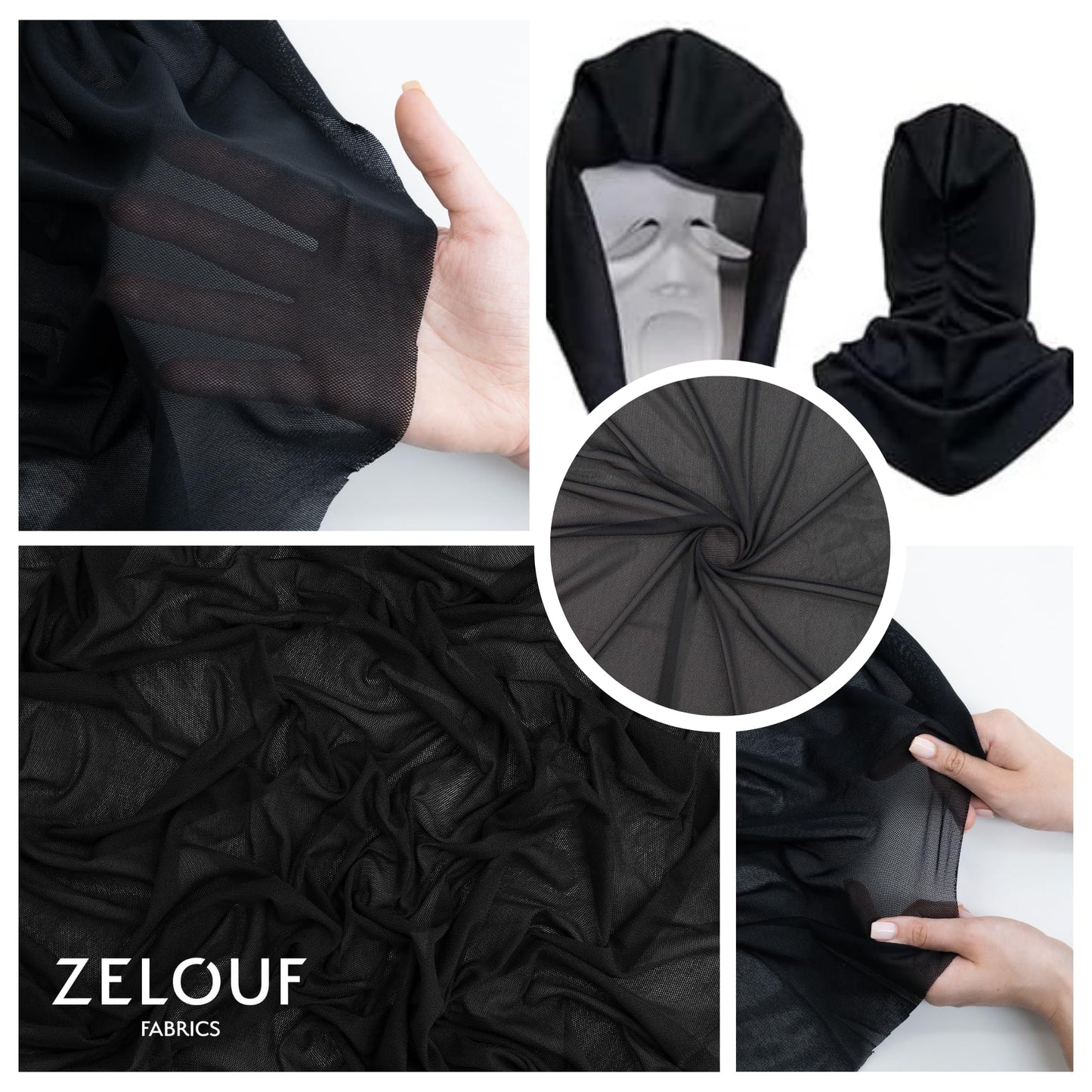 Zelouf Fabrics Black Nylon Mesh Fabric by The Yard – Stretchy, Soft Power Mesh See-Through Fabric for Costumes, Lining, DIY, Crafts, Dancewear - 1 Yard