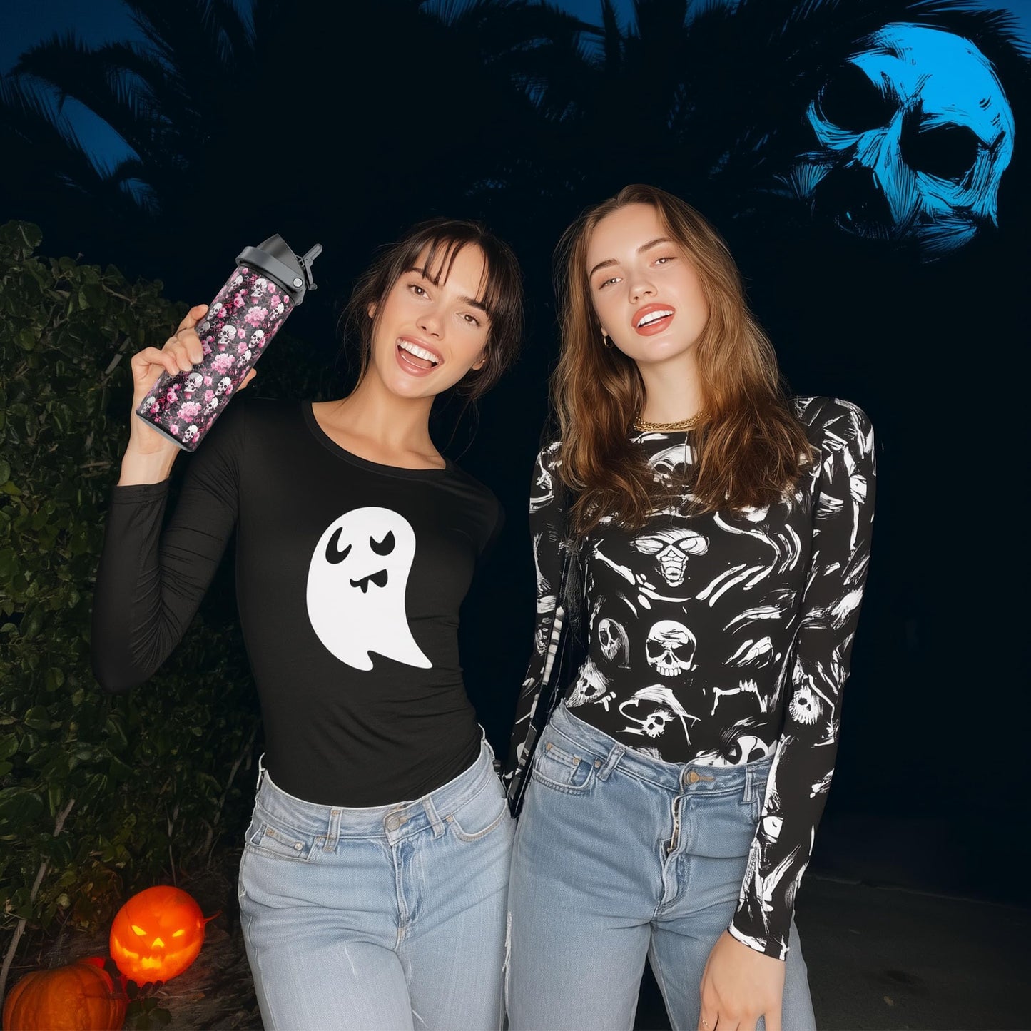 24 oz Halloween Insulated Water Bottle: Meoky Stainless Steel Water Bottle with 2-in-1 Straw Lid - Leak Proof, Cold for 24 Hours, Protective Silicone Base, Halloween Gifts for Women Men, Pop Skull