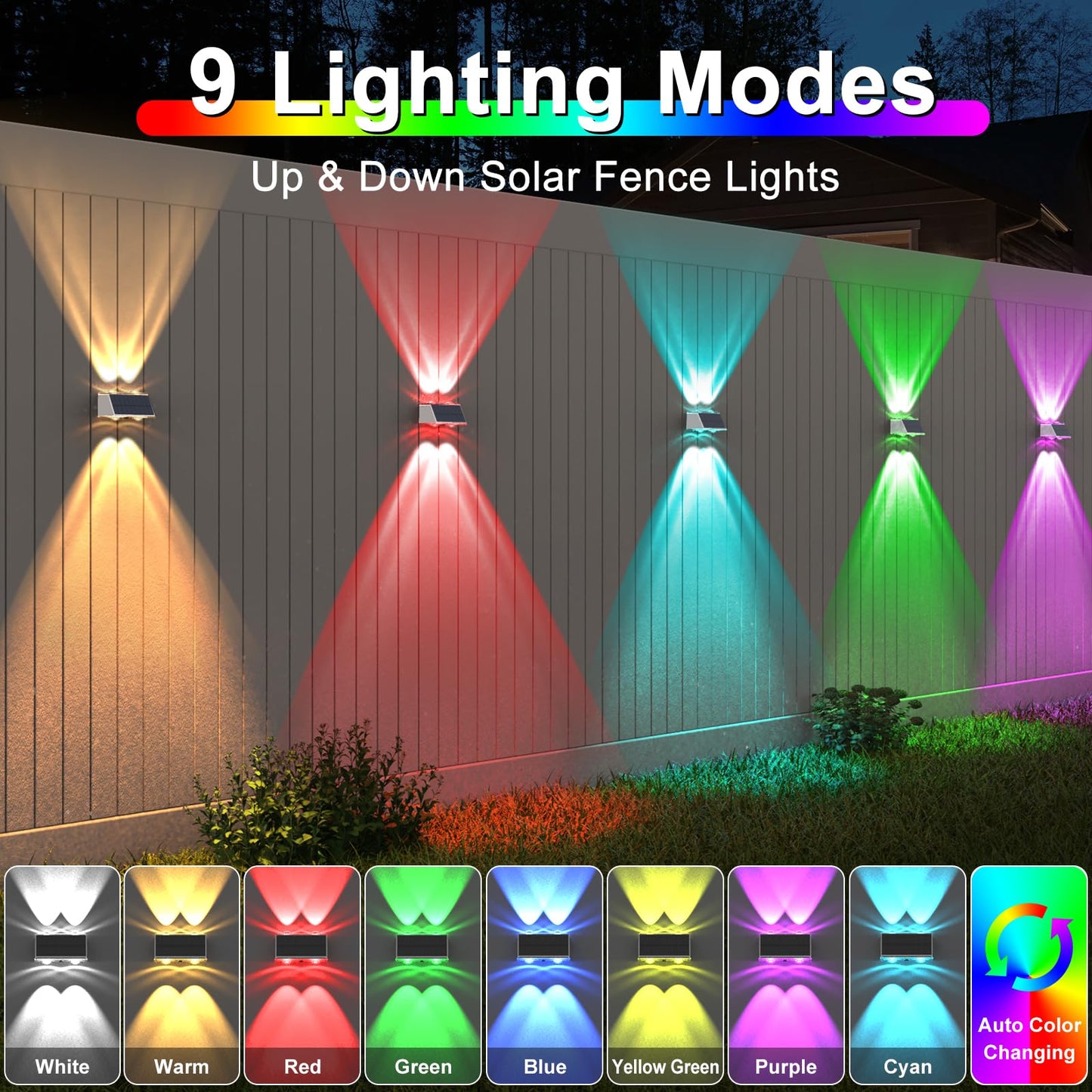 LANSOW Solar Fence Lights 12 Pack, Solar Powered Lights Outdoor Waterproof, 9-Mode Warm/Cool White & RGB Up-Down Led Spot Wall Lights Dusk to Dawn Decor for Backyard, Deck, Patio, Pool, Railing(White)
