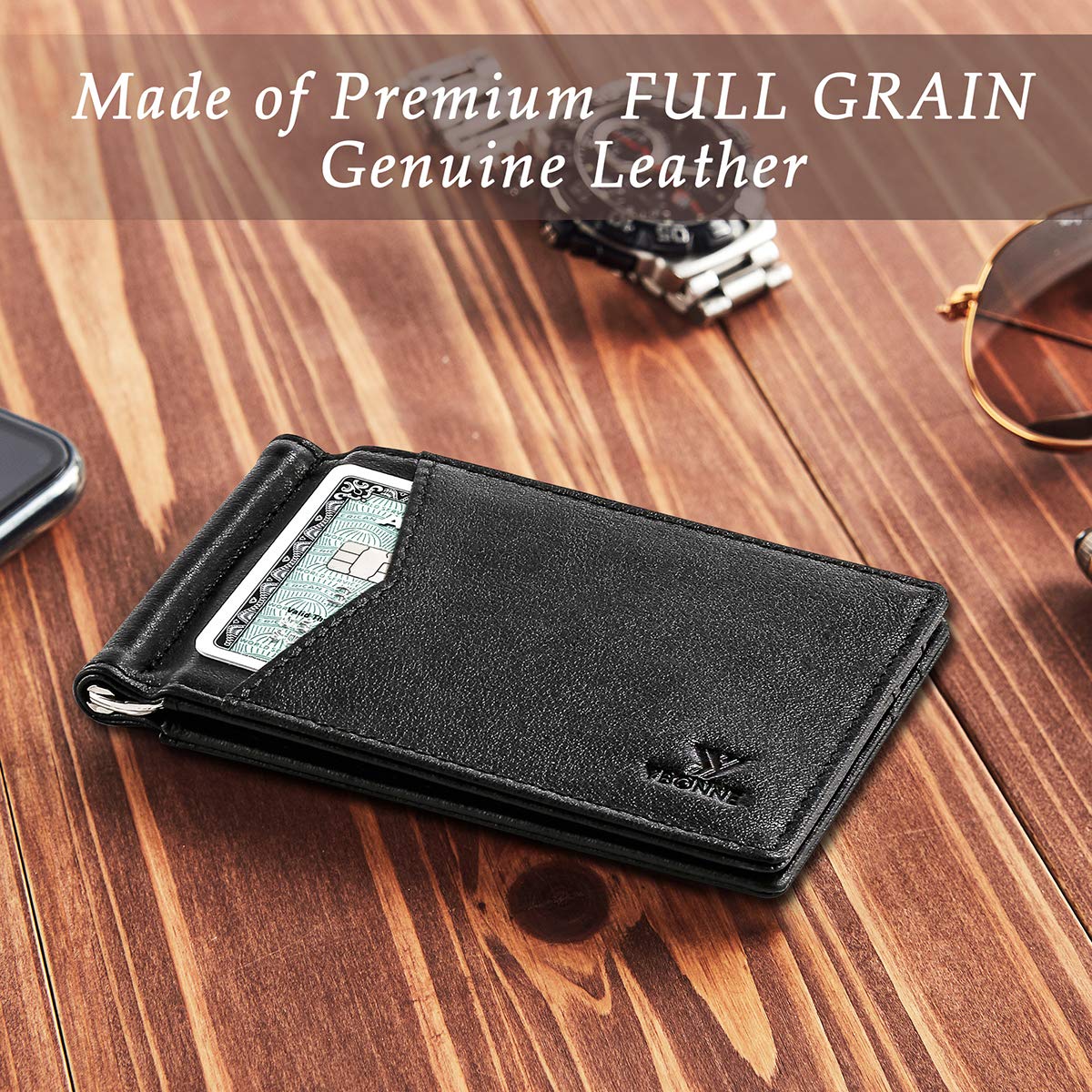 YBONNE Mens Slim Wallet with Money Clip Front Pocket RFID Blocking Thin Bifold Leather Card Holder Minimalist Mini Billfold