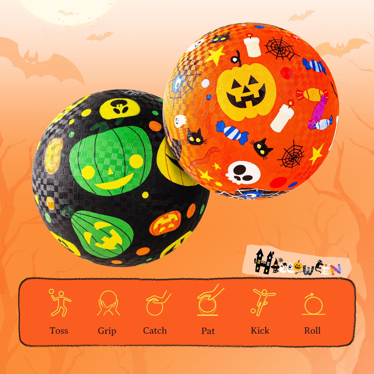 ZOOJOY Pack of 2 Cartoon Playground Balls, Halloween Balls for Toddler 3-12, 8.5" Rubber Ball Bouncy Kickball, Indoor & Outdoor Game Toys for Boys Girls with Pump