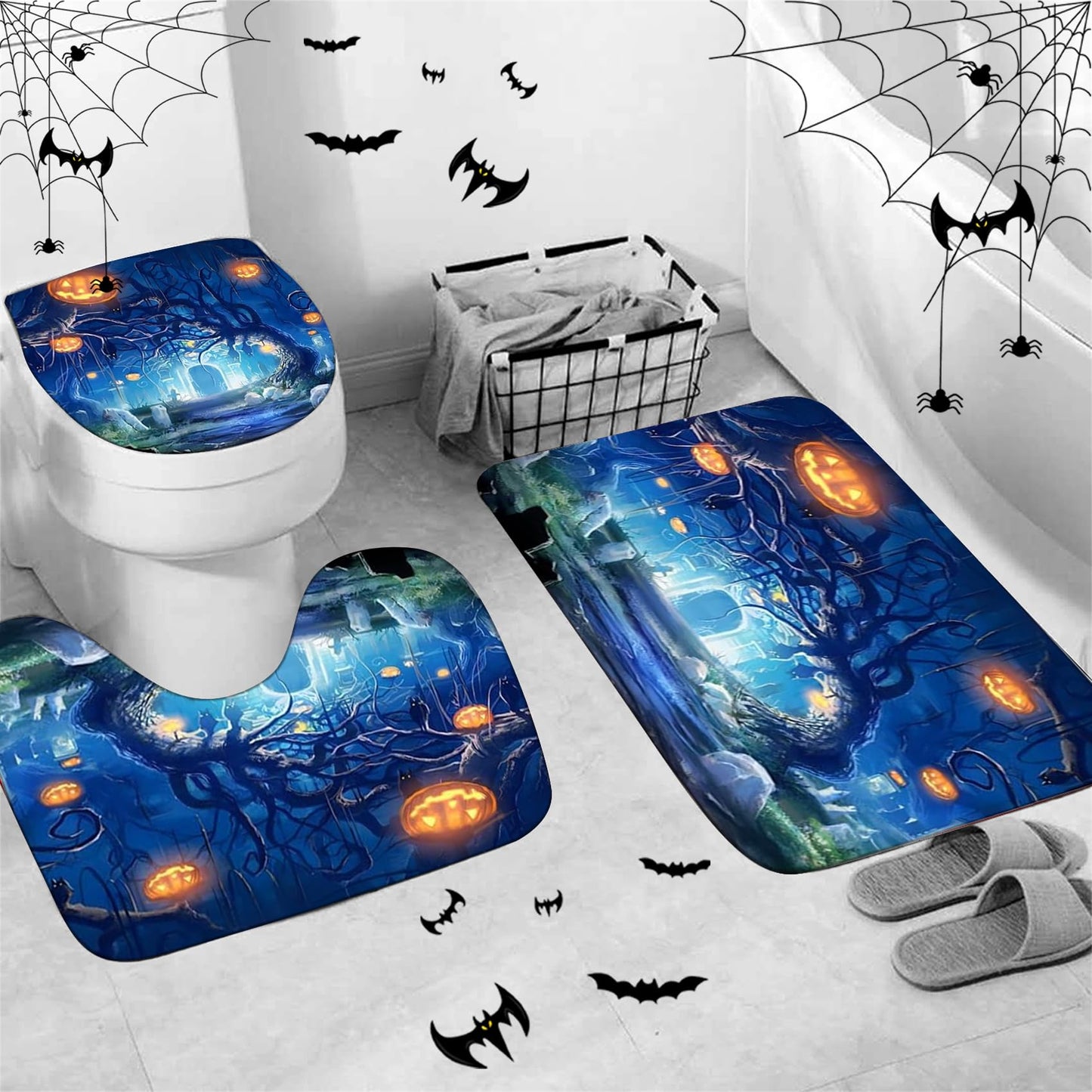 Yddsky 4 Pcs Halloween Shower Curtain Set with Rugs Toilet Lid Cover,Bloody Hand Shower Curtain with 12 Hooks for Bathroom Set Decor Horrible Halloween Bathroom Decor Theme