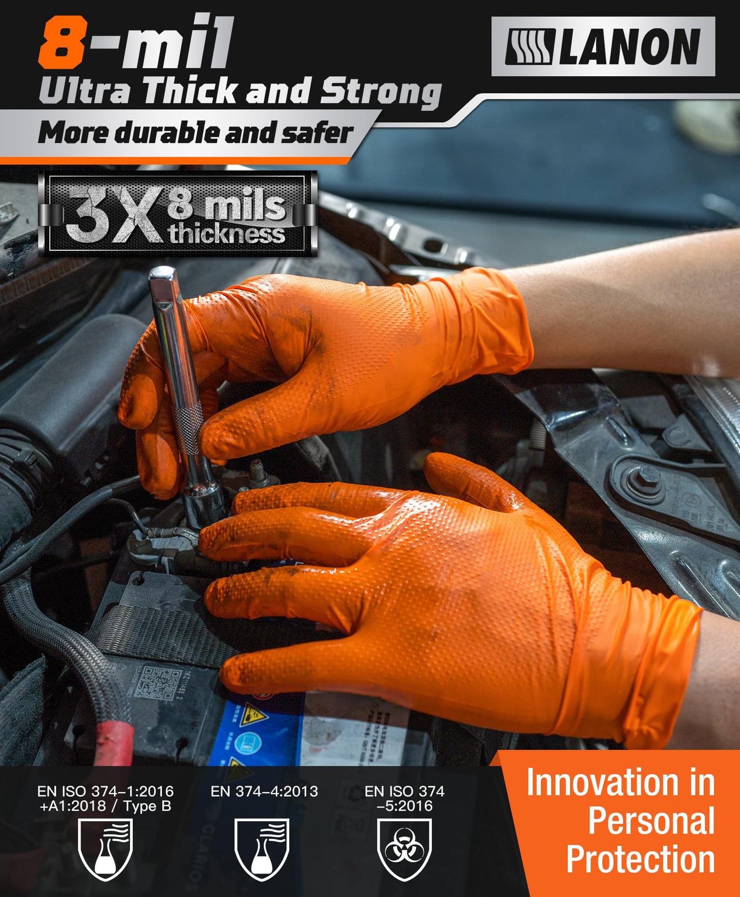 LANON 8mil Orange Disposable Nitrile Gloves, Mechanic, Heavy Duty, Food Safe, Latex Free, Powder Free, Fully-Diamond Textured, Large