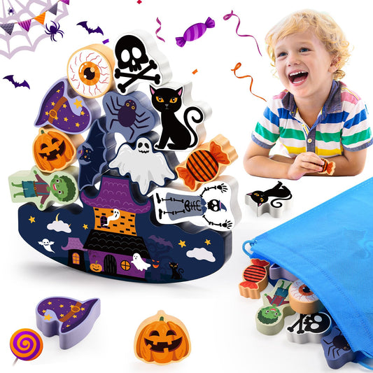 IPOURUP Halloween Toys for Kids 3-10 Kids Wooden Stacking Blocks Toy Birthday Gifts for 4 5 6 7 8 9 Year Old Boys Girls Toy Kid Balance Competition Games for Ages 5-7 Party Favors Boo Basket Stuffers