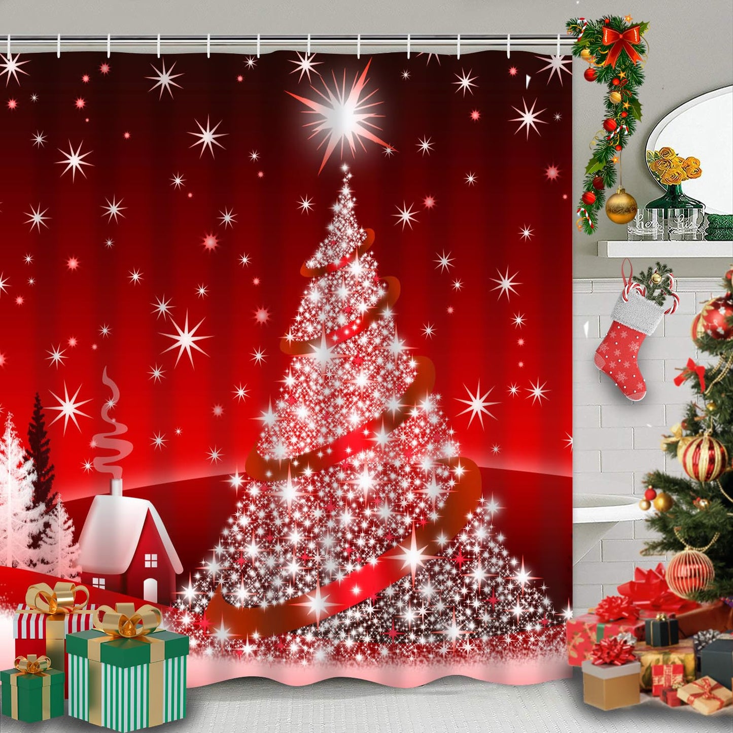 Yddsky 4PCS Red Christmas Tree Shower Curtain Sets, Christmas Village Printed Shower Curtain Sets with Rugs, Toilet Lid Cover and Bath Mat for Bathroom Set Decor Christmas Bathroom Decor Theme