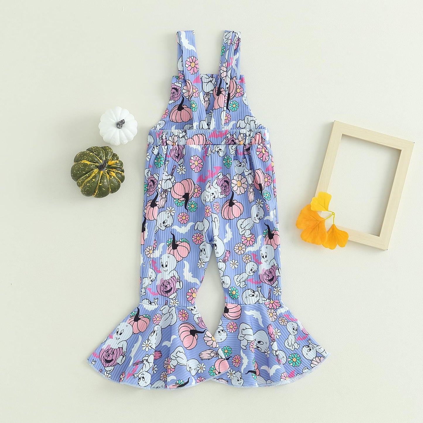 YOKJZJD Toddler Baby Girl Halloween Outfit Pumpkin Ghost Suspender Romper Jumpsuit Overalls Bell Bottom Pants Fall Clothes (Purple, 2-3 Years)