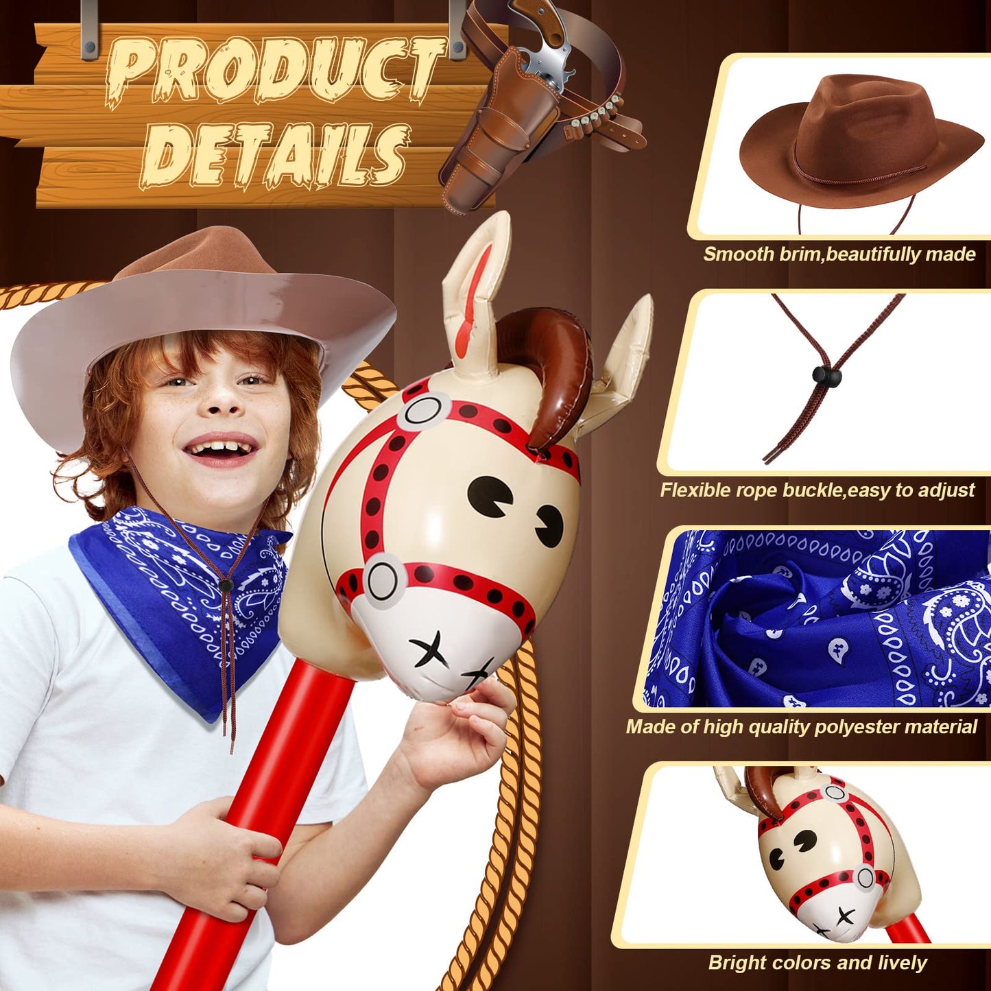Xtinmee 36 Pcs Cowboy Party Costume Set, Cowboy Hats Paisley Bandanas Inflatable Stick Horses Kids Halloween Party Supplies(Classic Style,Brown)