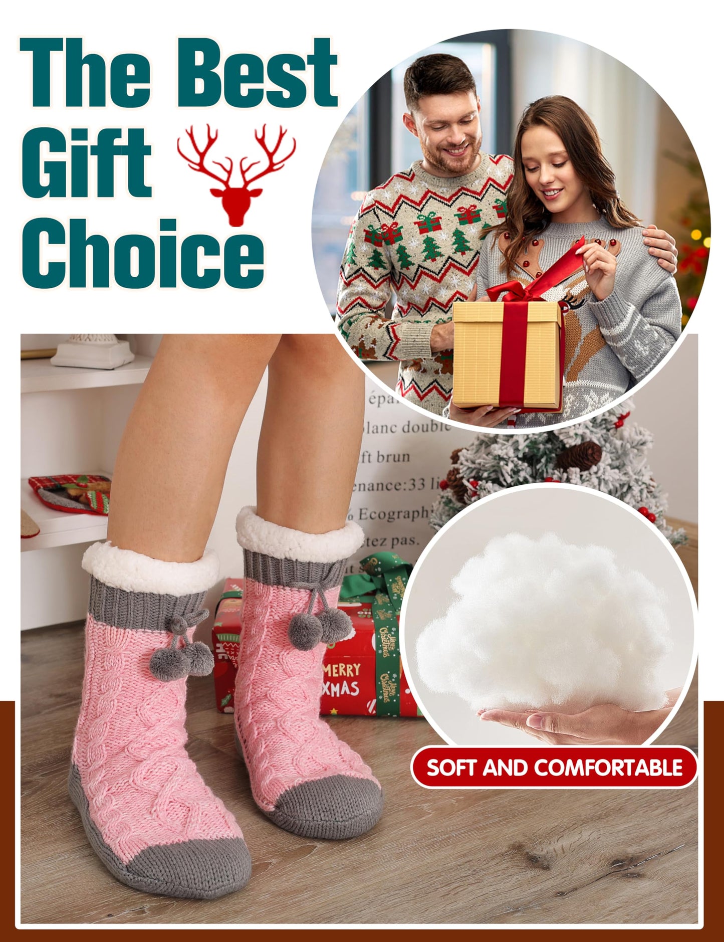 Womens Slipper Fuzzy Socks Fluffy Winter Thermal Warm Thick Cozy Plush Non Slip Grips Christmas Socks Stocking Stuffers for Women White Elephant Valentines Mothers Day Gifts for Mom(Grey Pink)