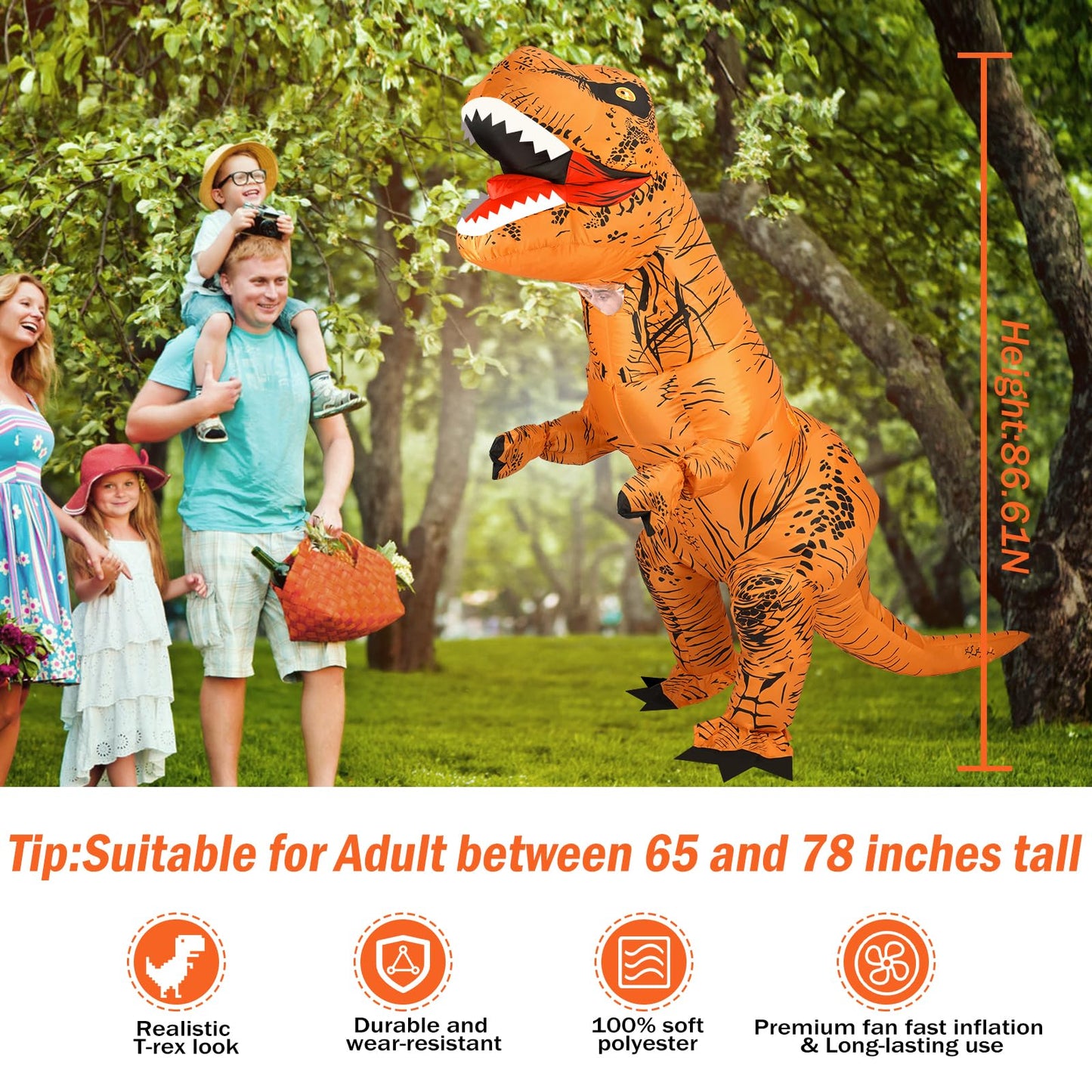 YEAHBEER Inflatable Dinosaur Costume for Kids,T-Rex Dinosaur Costume Kid, Blow up T-Rex Funny Fancy Inflatable Costume for Halloween Dress & Party Cosplay (Brown