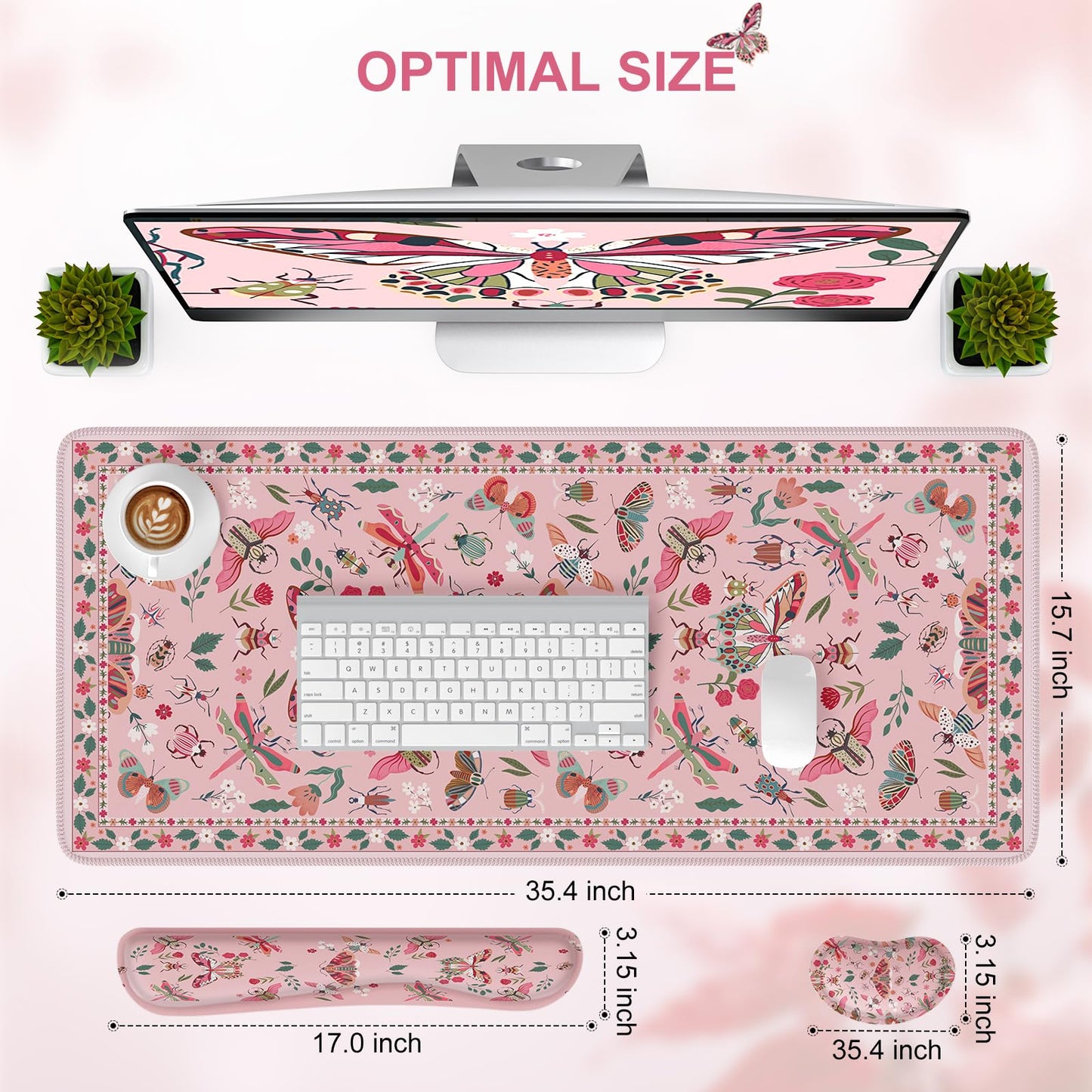 iCasso Large Mouse pad for Desk, Computer Desk Mat, 3Pcs XXL Keyboard and Mouse Pad + Keyboard Wrist Rest, Desk Matt for Desktop, Easy Typing Pain Relief Ultra Thick Mousepad Keyboard Mat(Pink)