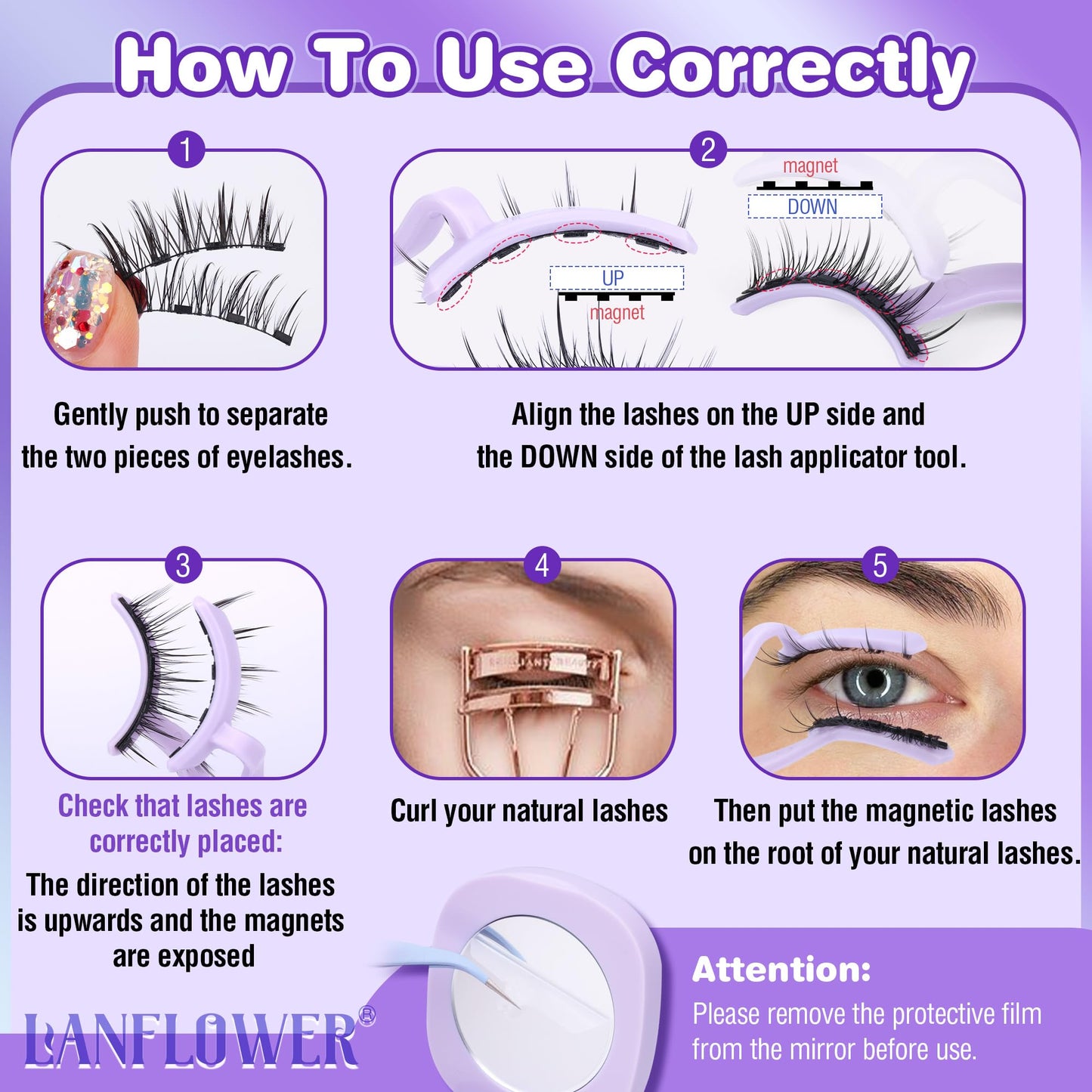 Lanflower Magnetic Eyelashes Reusable Natural Look Magnetic Lashes with Applicator Wispy False Eyelashes with Magnets No Eyeliner